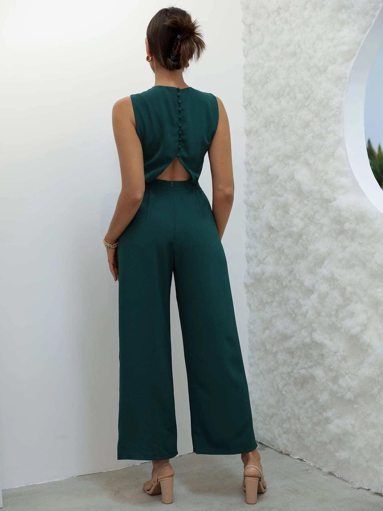 Button Back Wide Leg Jumpsuit-Comfy Jumpsuits
