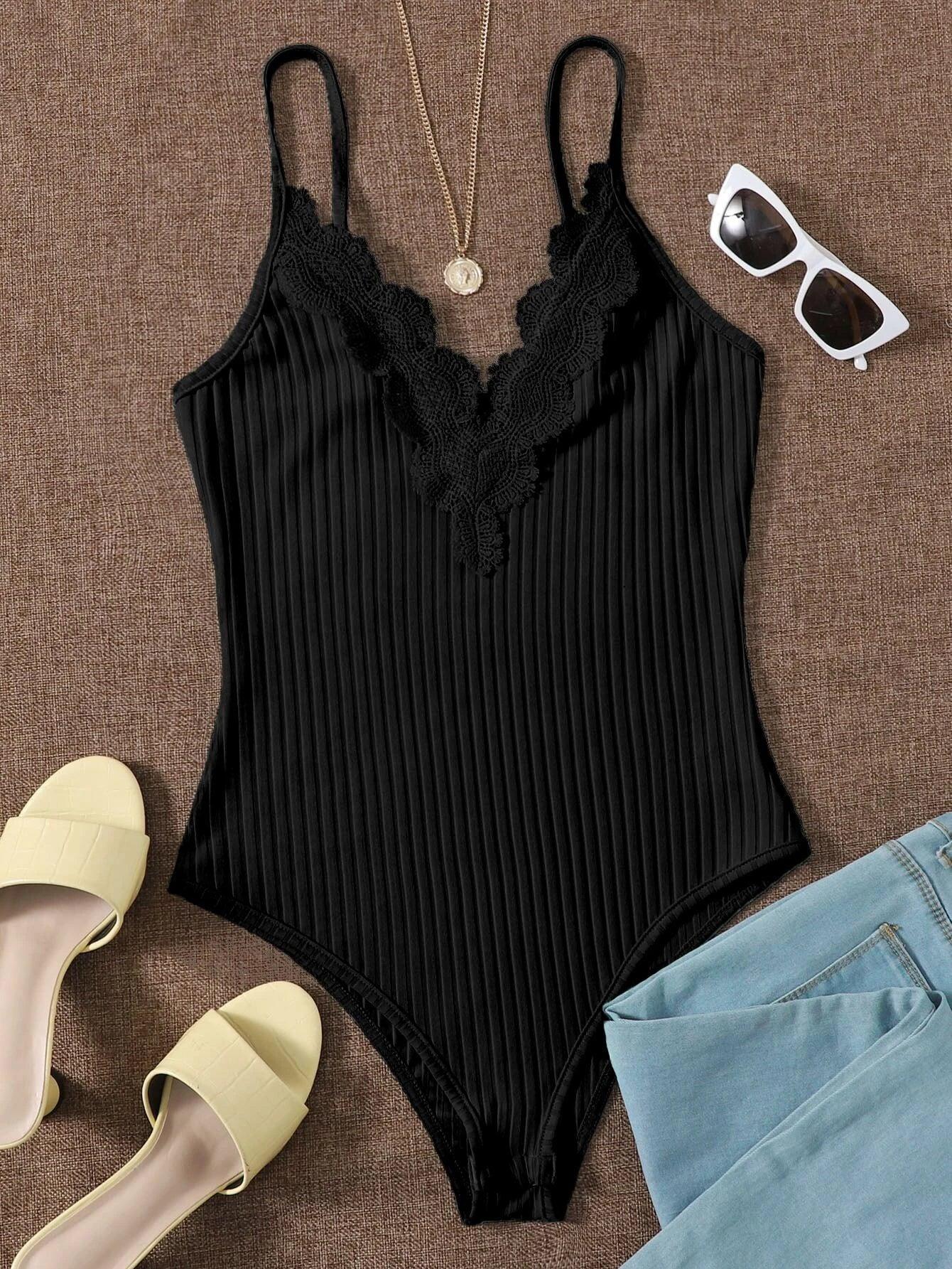 Contrast Lace Ribbed Cami Bodysuit-Comfy Jumpsuits