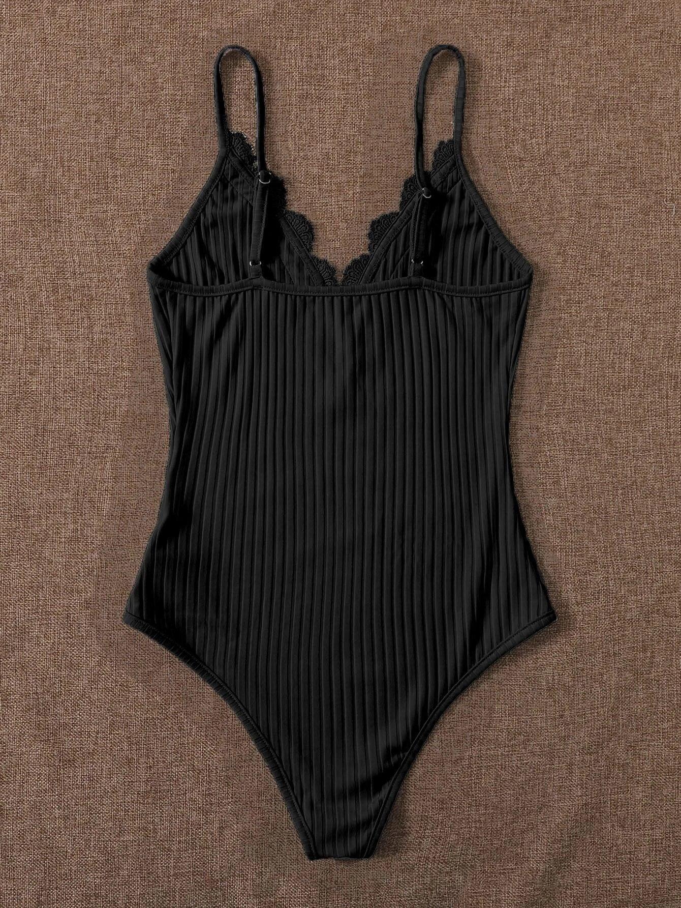 Contrast Lace Ribbed Cami Bodysuit-Comfy Jumpsuits