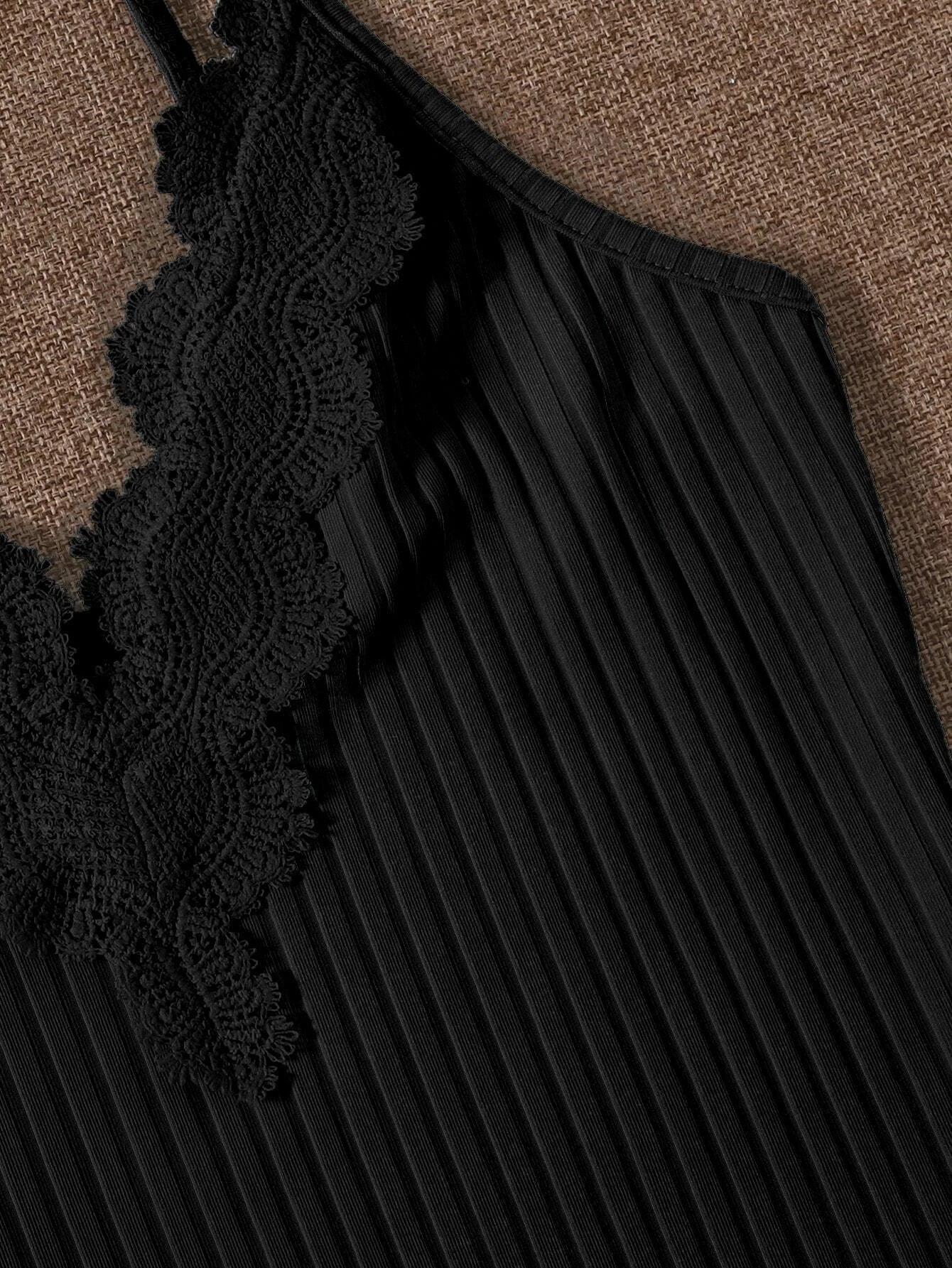 Contrast Lace Ribbed Cami Bodysuit-Comfy Jumpsuits