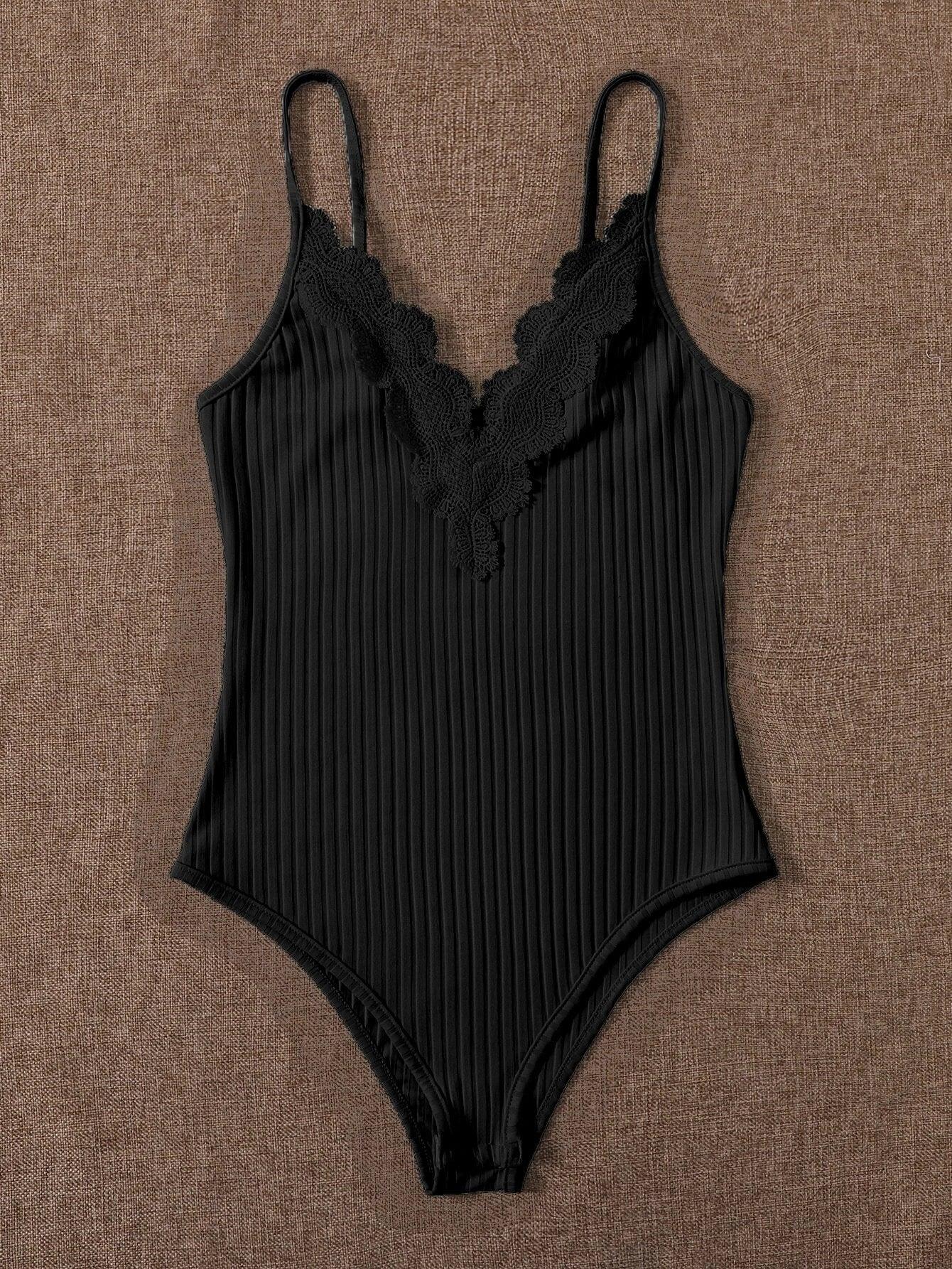 Contrast Lace Ribbed Cami Bodysuit-Comfy Jumpsuits