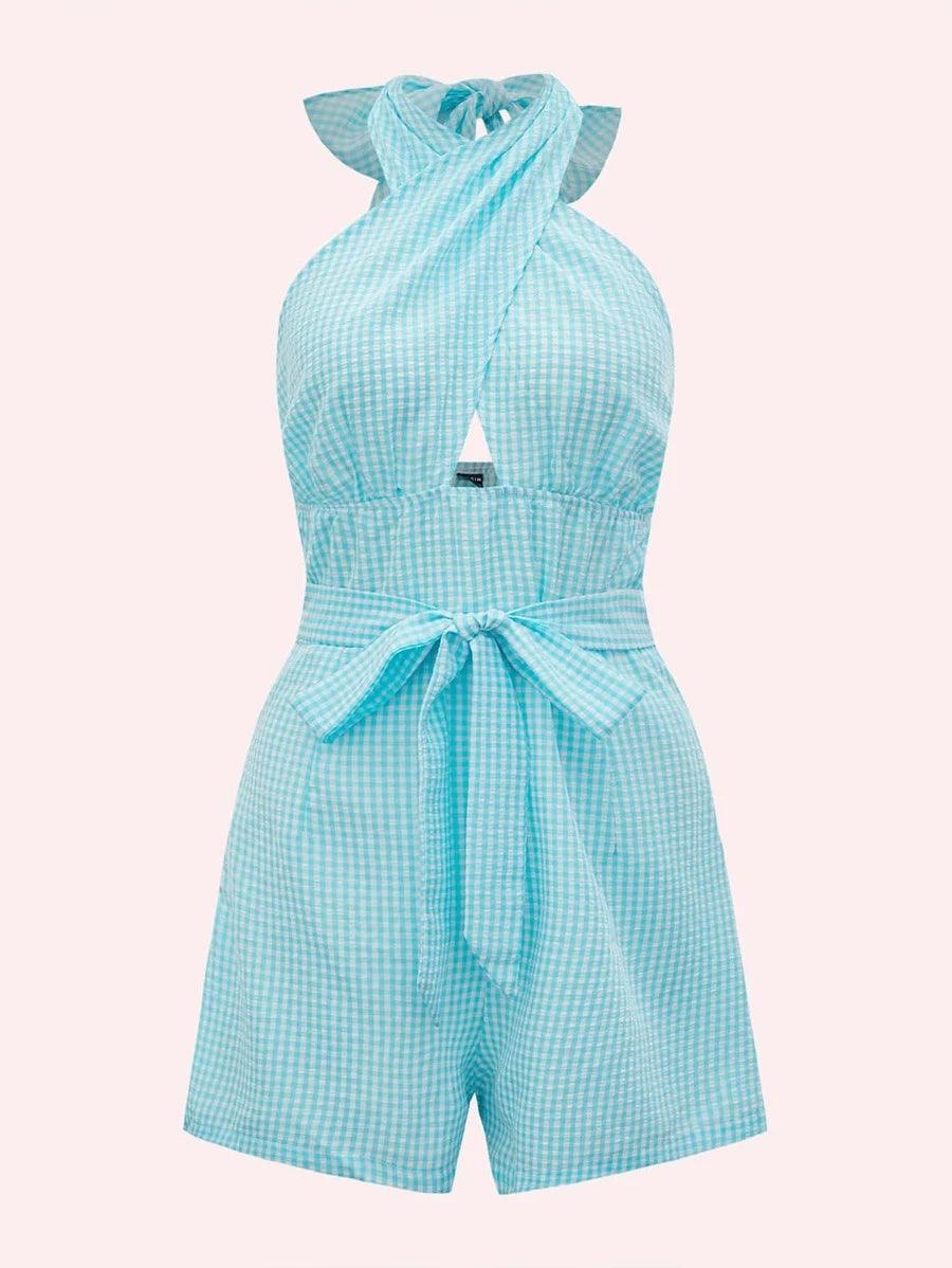 Gingham Print Criss Cross Tie Romper-Comfy Jumpsuits