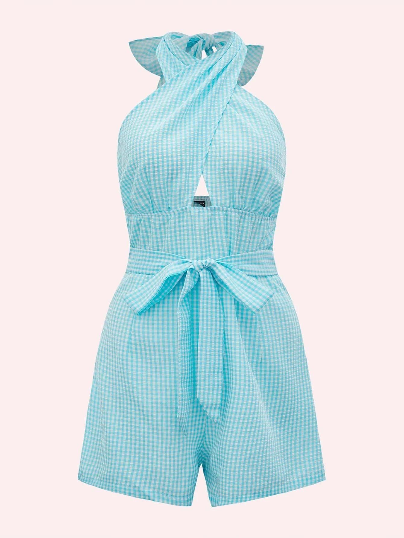 Gingham Print Criss Cross Tie Front Romper-Comfy Jumpsuits