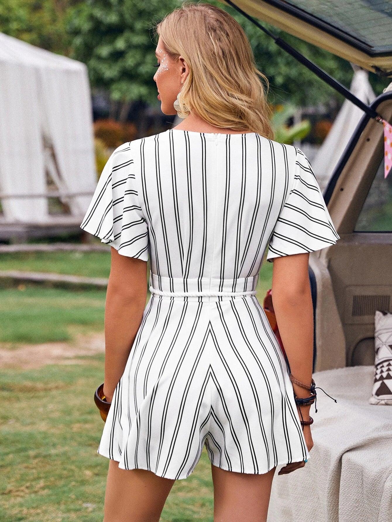 Butterfly Sleeve Belted Romper-Comfy Jumpsuits