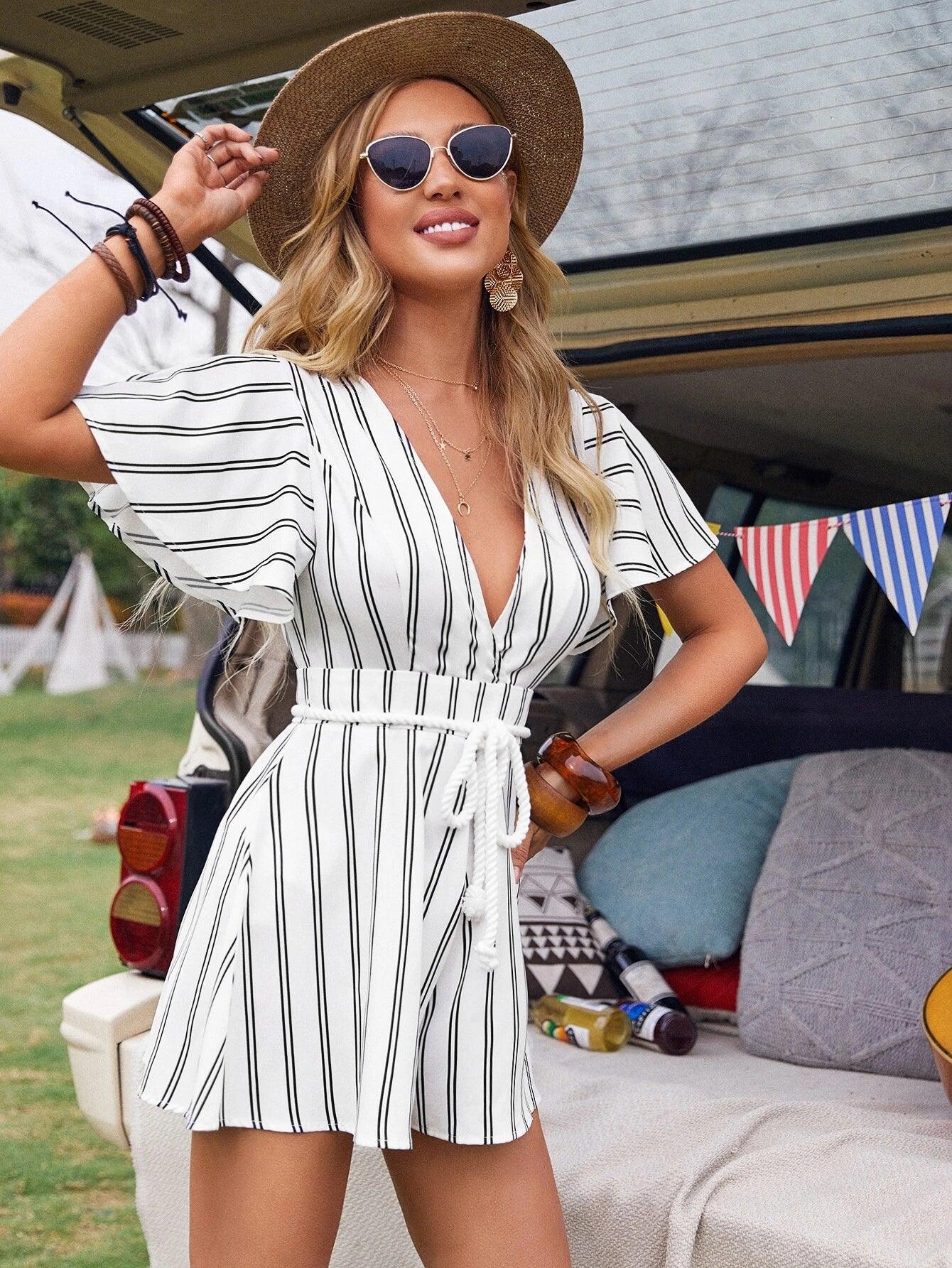 Butterfly Sleeve Belted Romper-Comfy Jumpsuits
