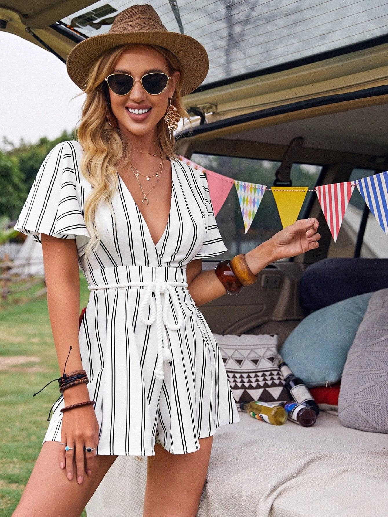 Butterfly Sleeve Belted Romper-Comfy Jumpsuits