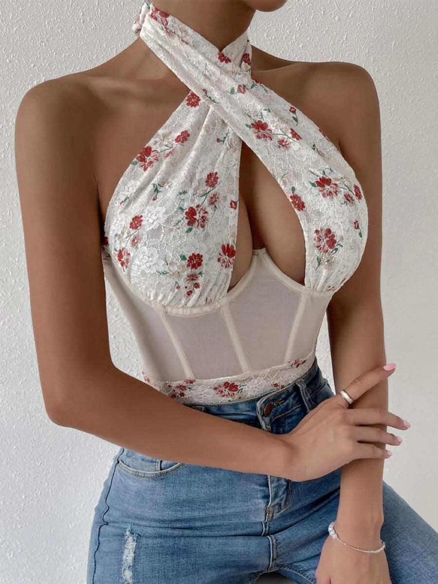 Floral Lace Mesh Panel Tie Backless Halter Bodysuit-Comfy Jumpsuits