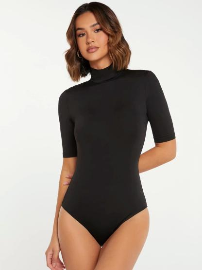 Casual Mock Neck Bodysuit-Comfy Jumpsuits