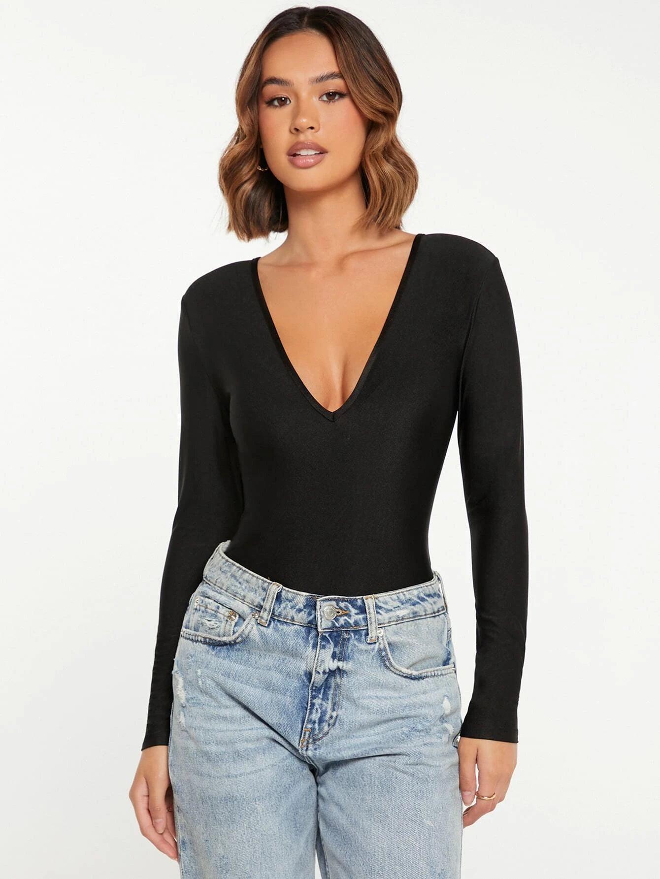 Plunging Neck Slim Fit Bodysuit-Comfy Jumpsuits