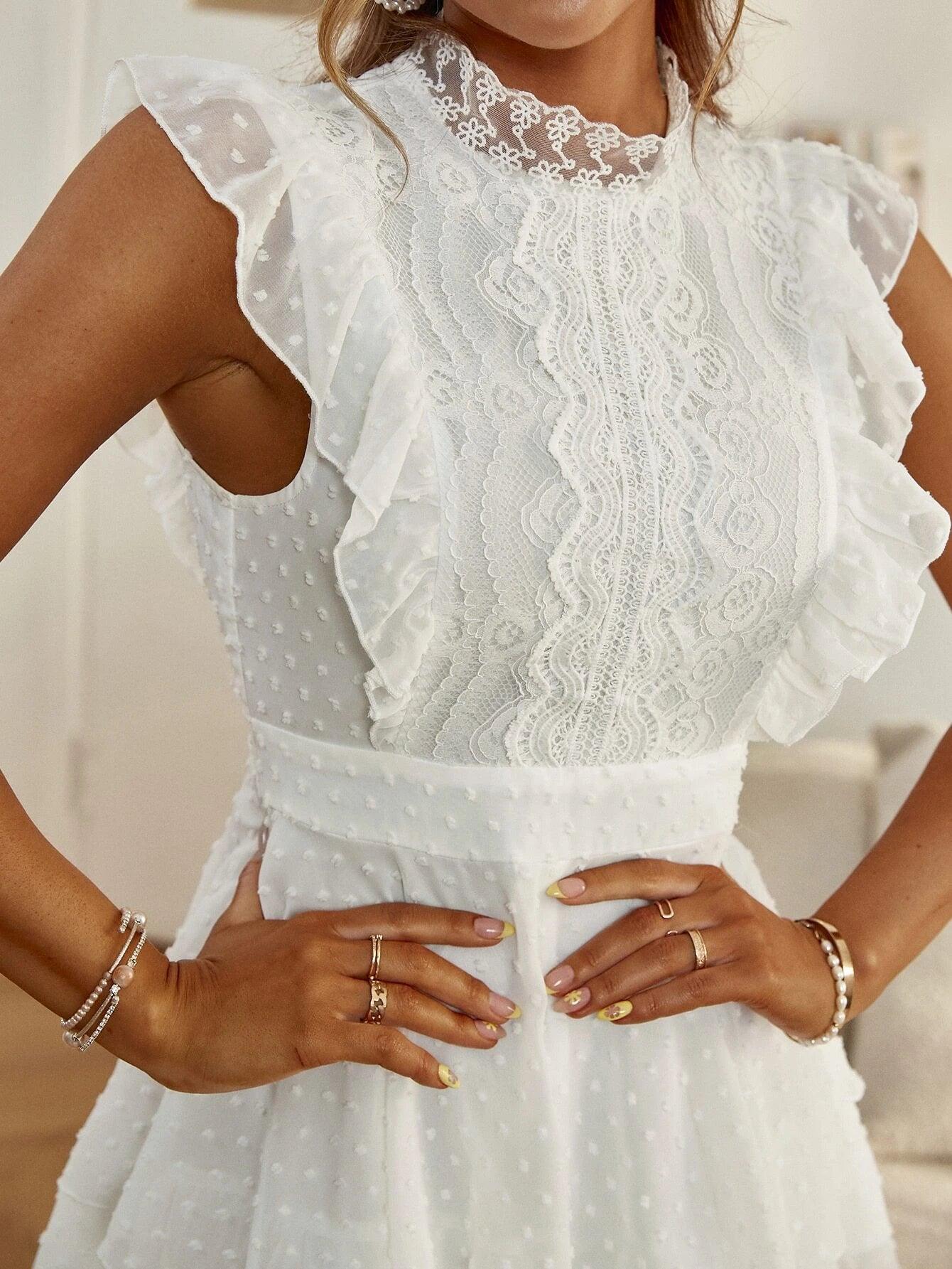 Lace Panel Swiss Dot Ruffle Trim Romper-Comfy Jumpsuits