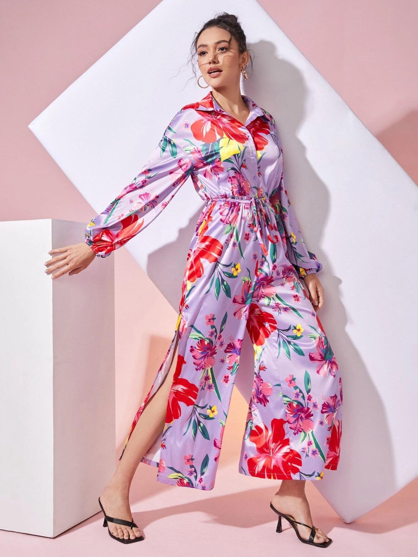 Floral Print Sleeve Belted Jumpsuit-Comfy Jumpsuits