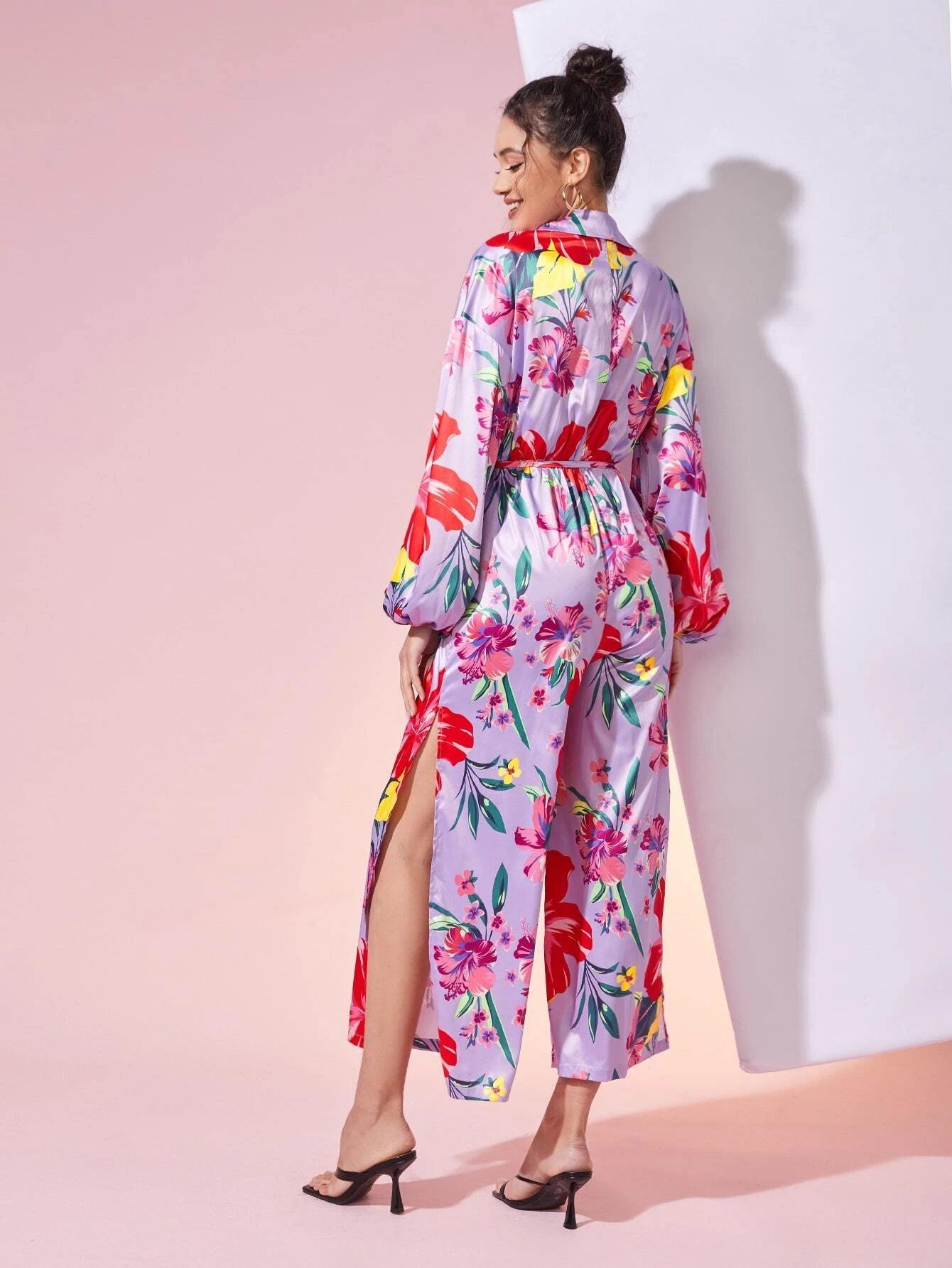 Floral Print Sleeve Belted Jumpsuit-Comfy Jumpsuits