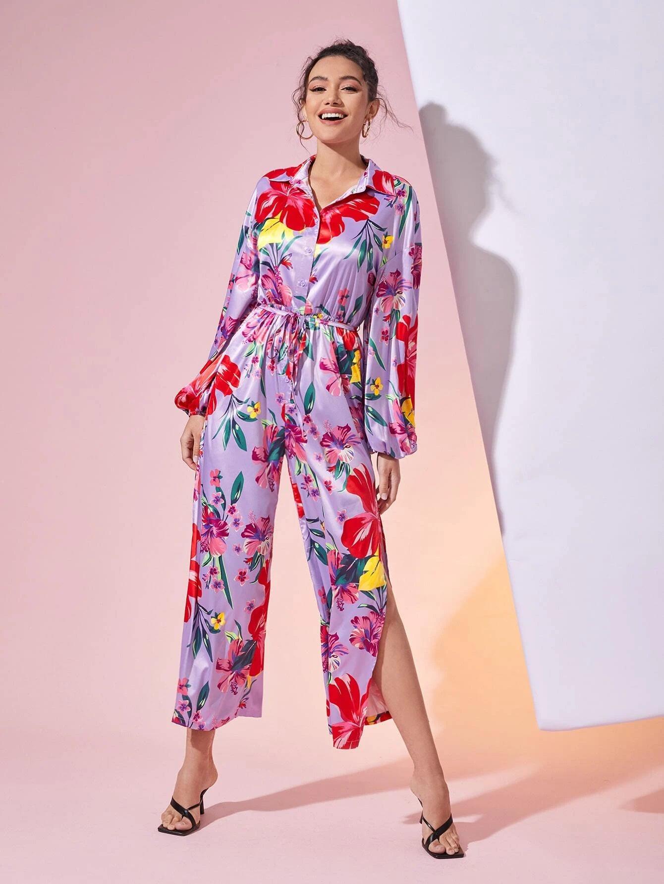 Floral Print Sleeve Belted Jumpsuit-Comfy Jumpsuits