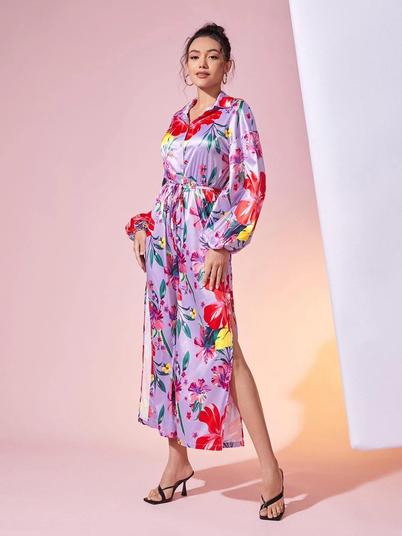 Floral Print Sleeve Belted Jumpsuit-Comfy Jumpsuits