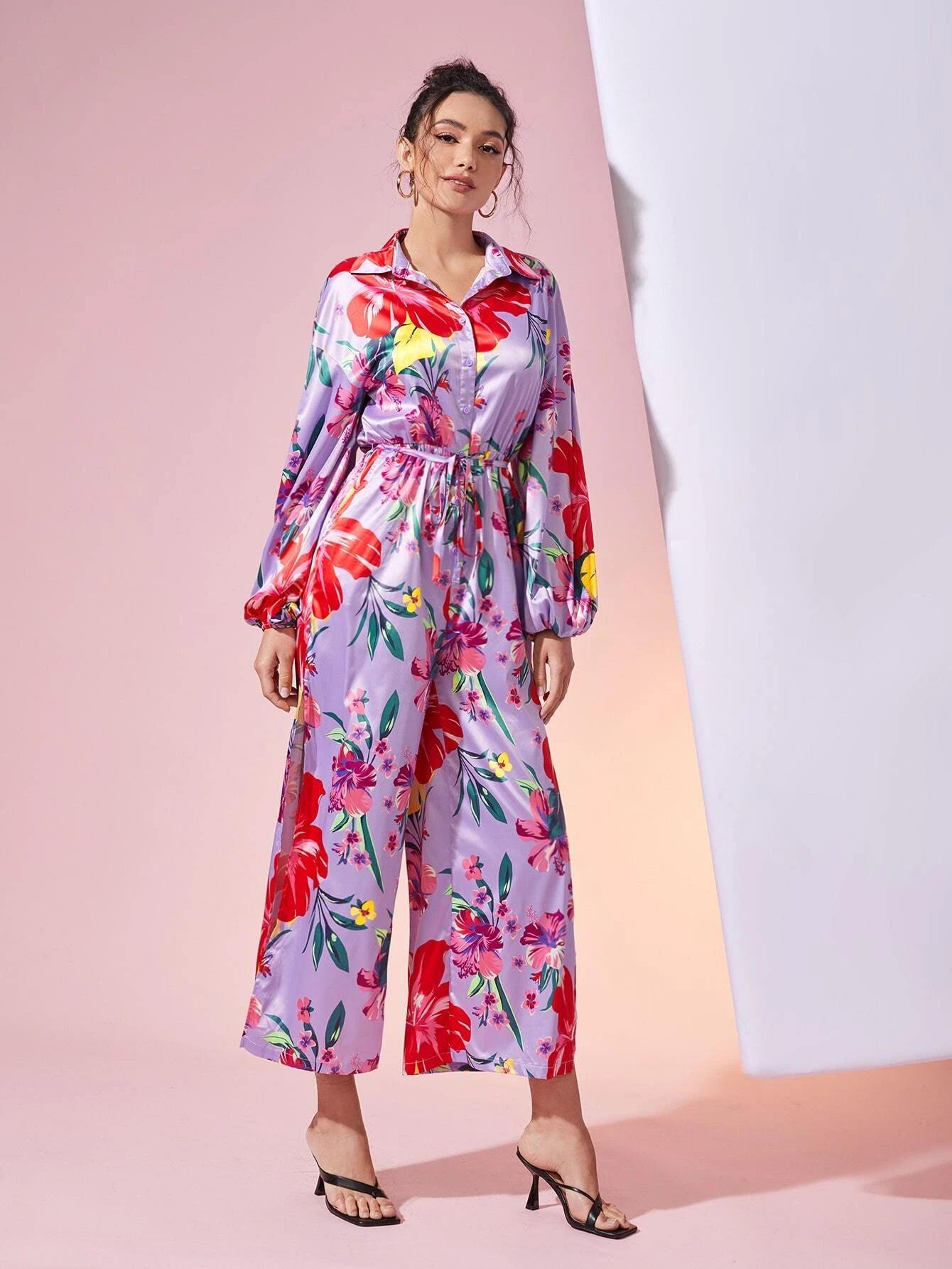 Floral Print Sleeve Belted Jumpsuit-Comfy Jumpsuits