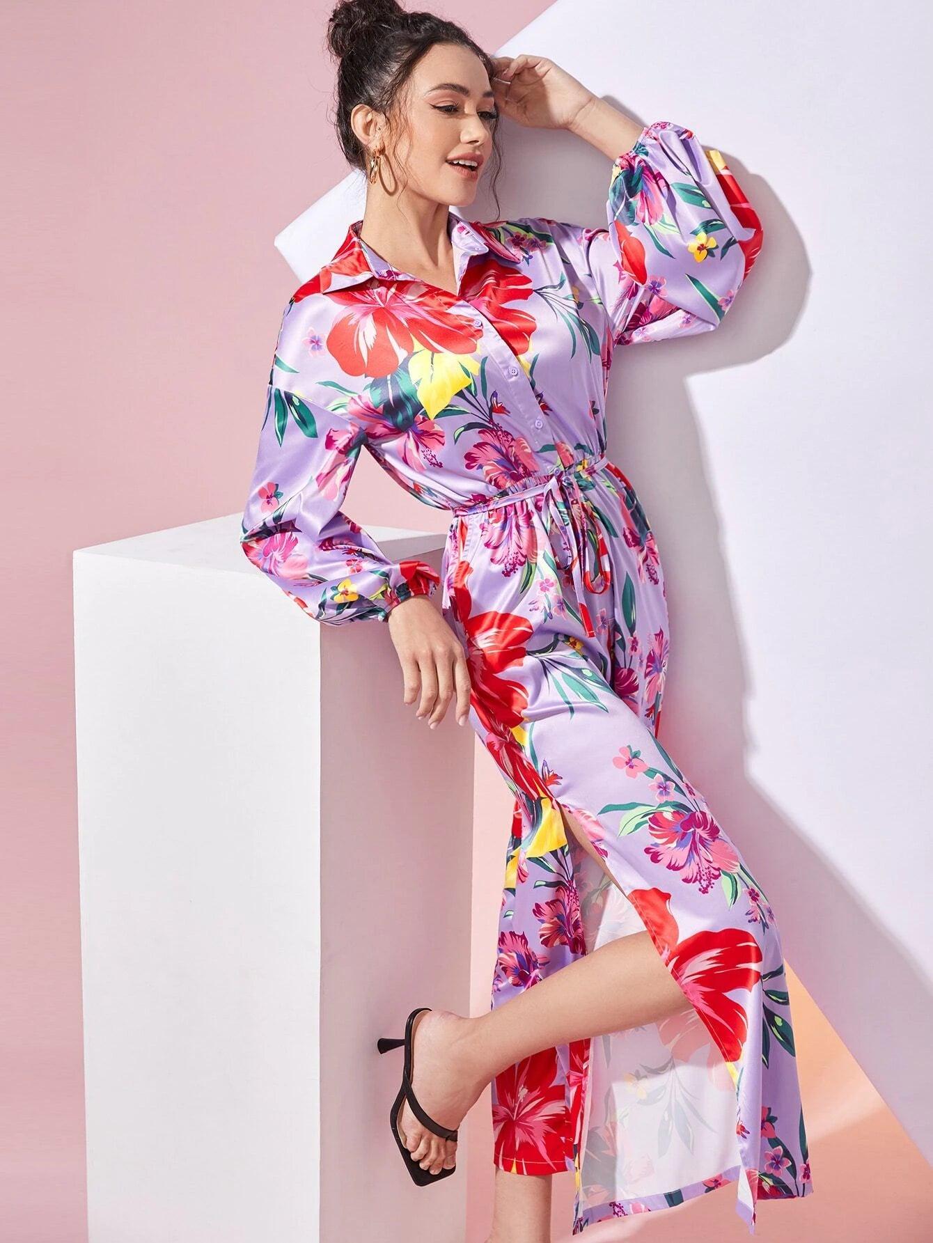 Floral Print Sleeve Belted Jumpsuit-Comfy Jumpsuits