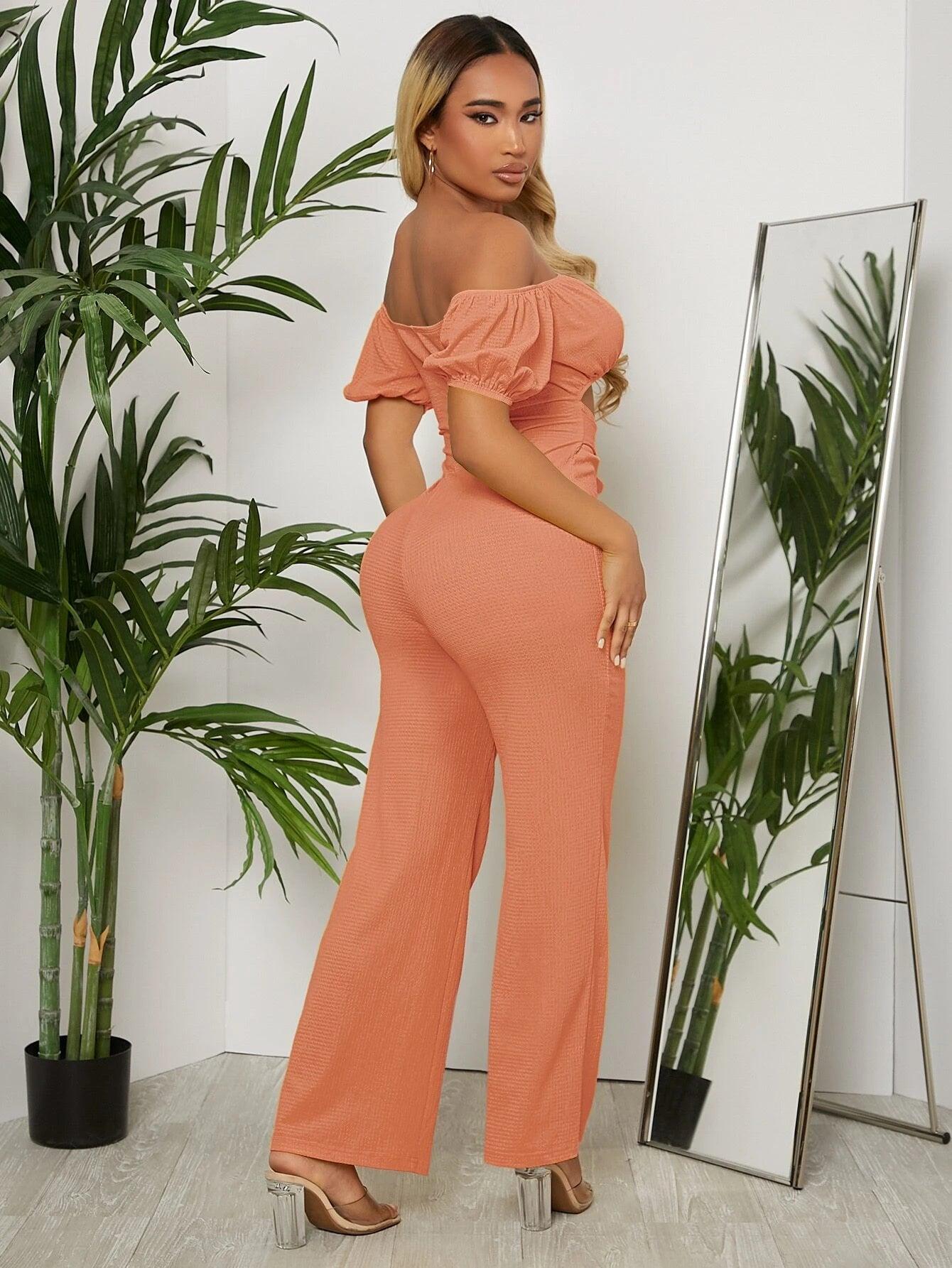 Off Shoulder Puff Sleeve Jumpsuit-Comfy Jumpsuits