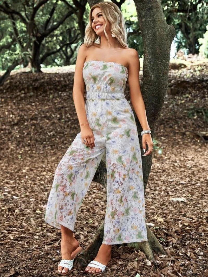 Floral Pattern Lace Tube Jumpsuit-Comfy Jumpsuits