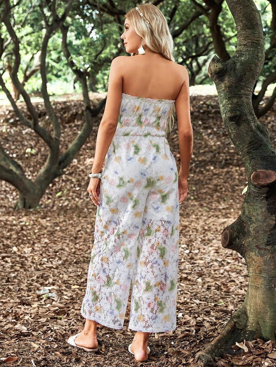 Floral Pattern Lace Tube Jumpsuit-Comfy Jumpsuits