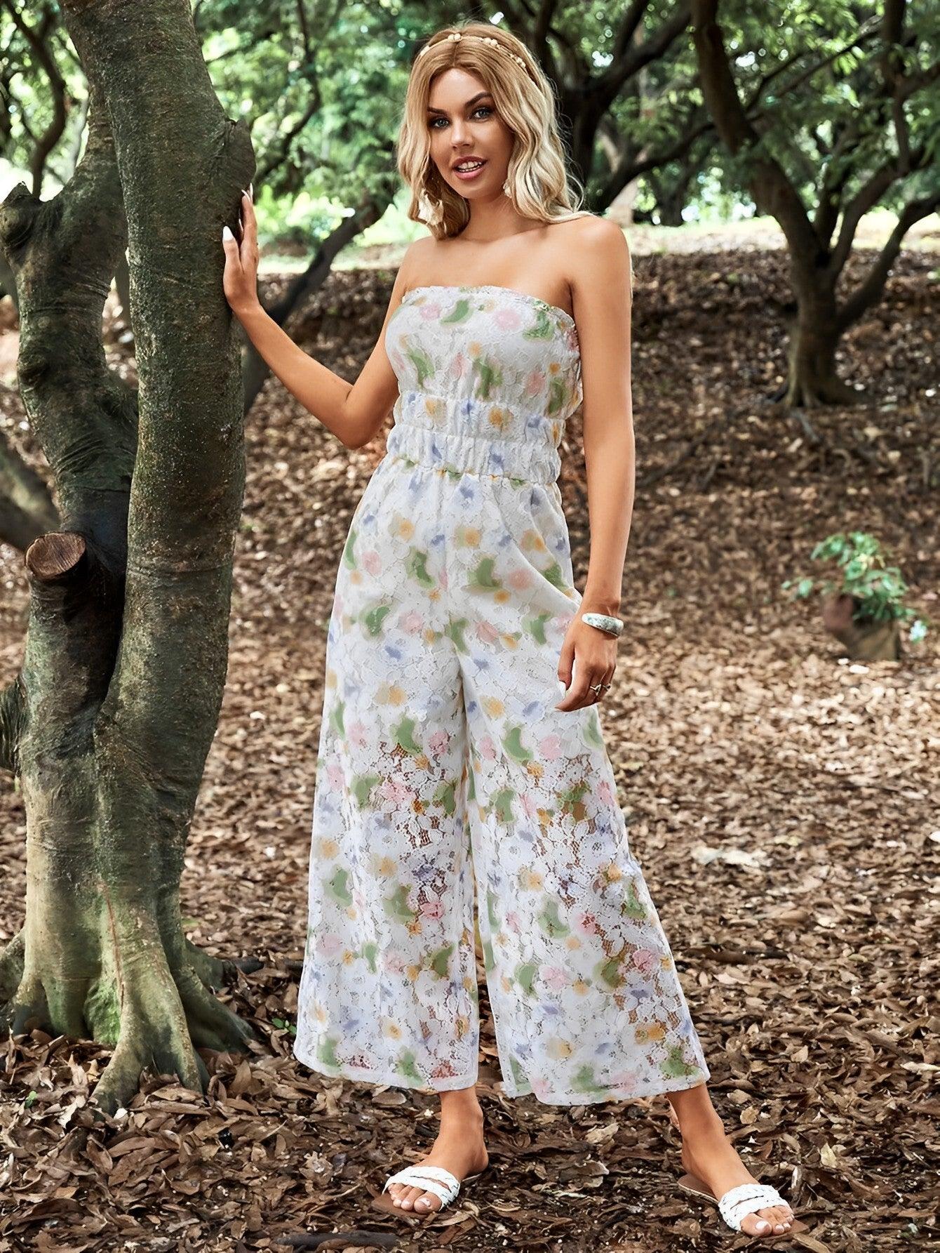 Floral Pattern Lace Tube Jumpsuit-Comfy Jumpsuits