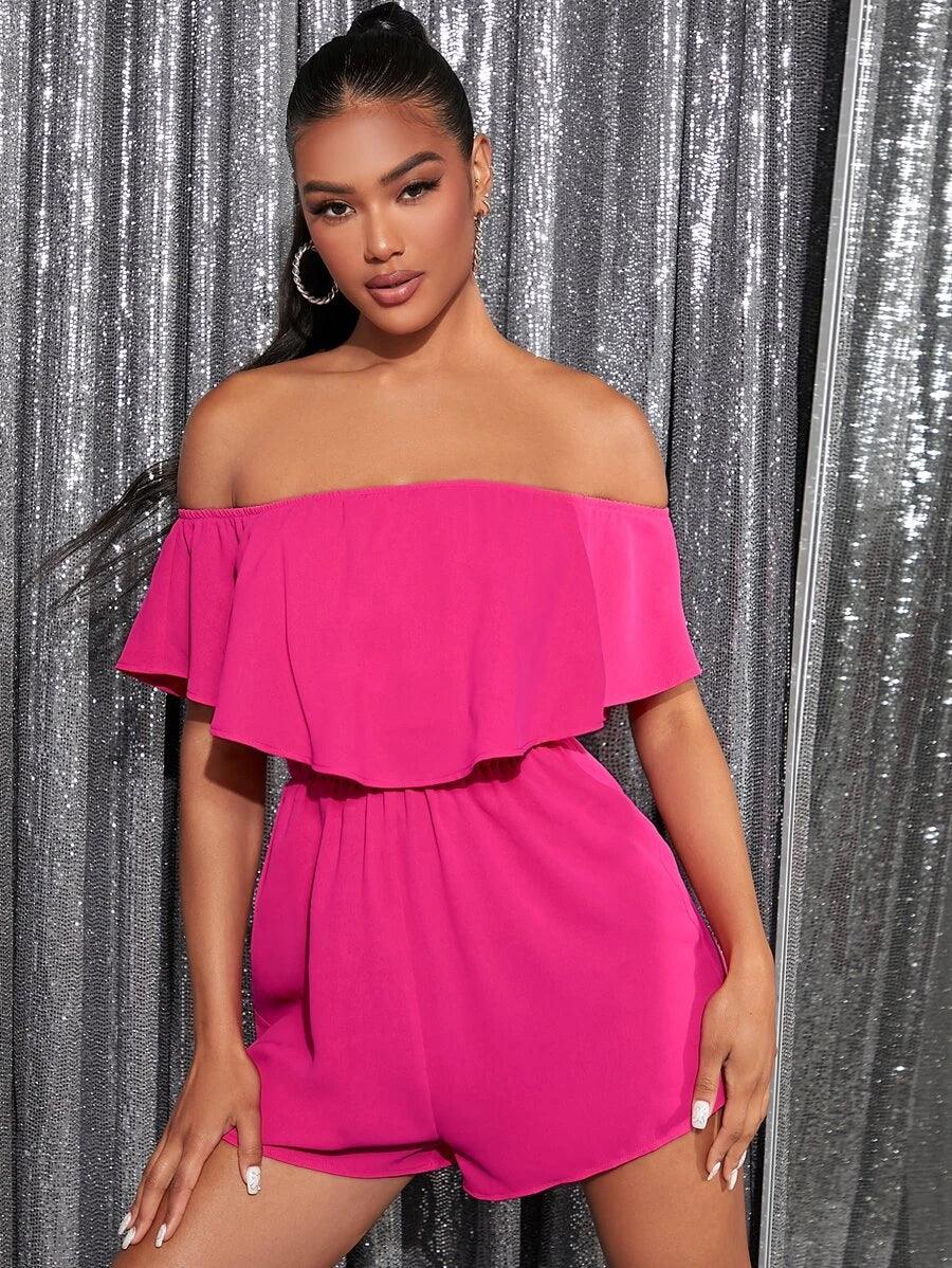 Off Shoulder Ruffle Trim Romper-Comfy Jumpsuits