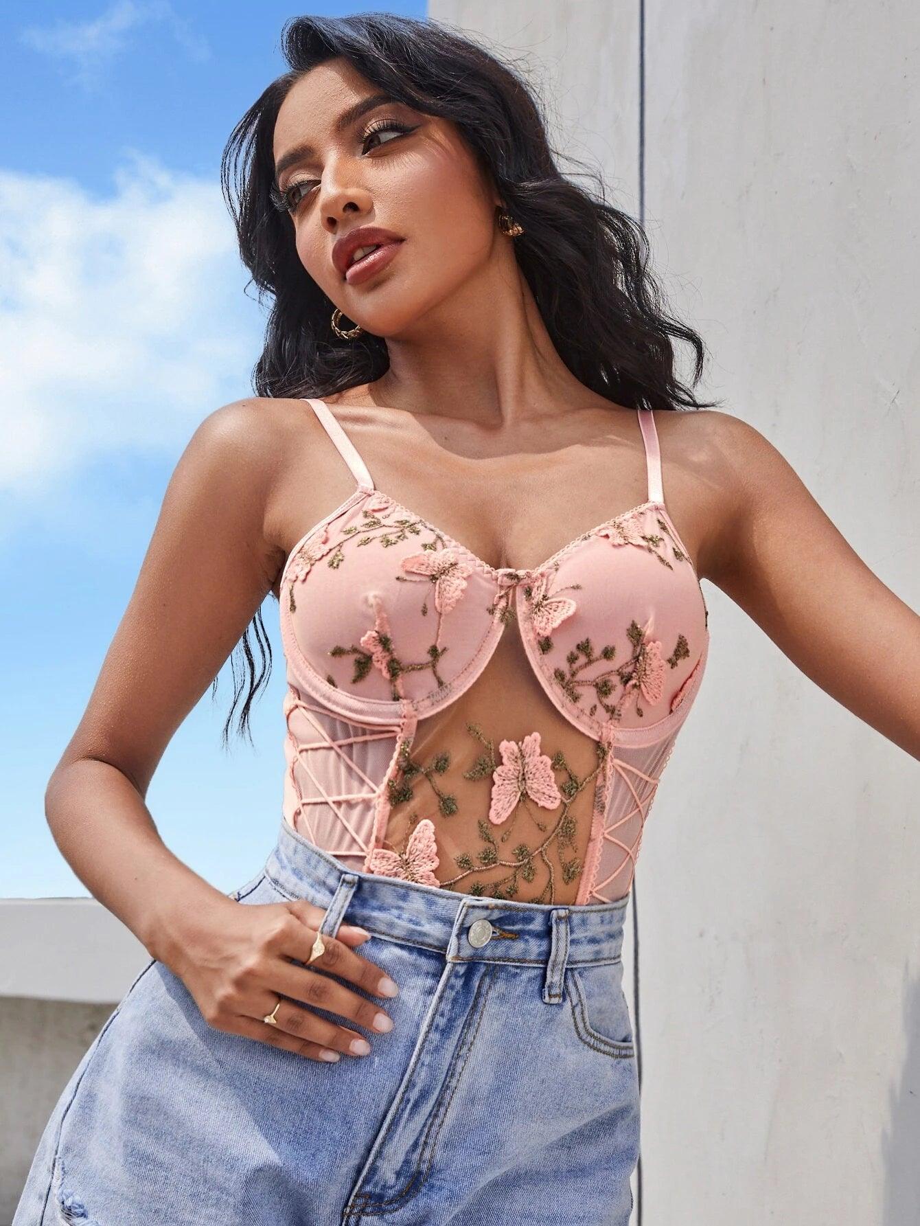 Lace Up Detail Embroidery Mesh Slip Bodysuit-Comfy Jumpsuits