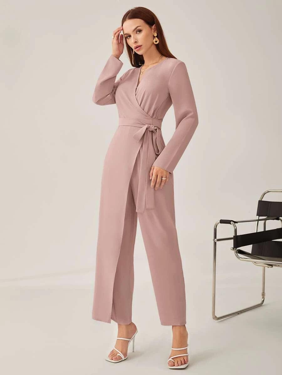 Side Knot Belted Solid Jumpsuit-Comfy Jumpsuits