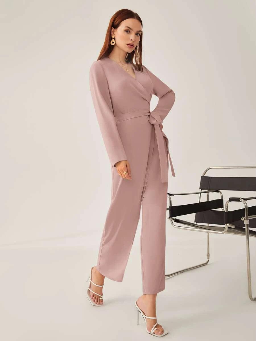 Side Knot Belted Solid Jumpsuit-Comfy Jumpsuits