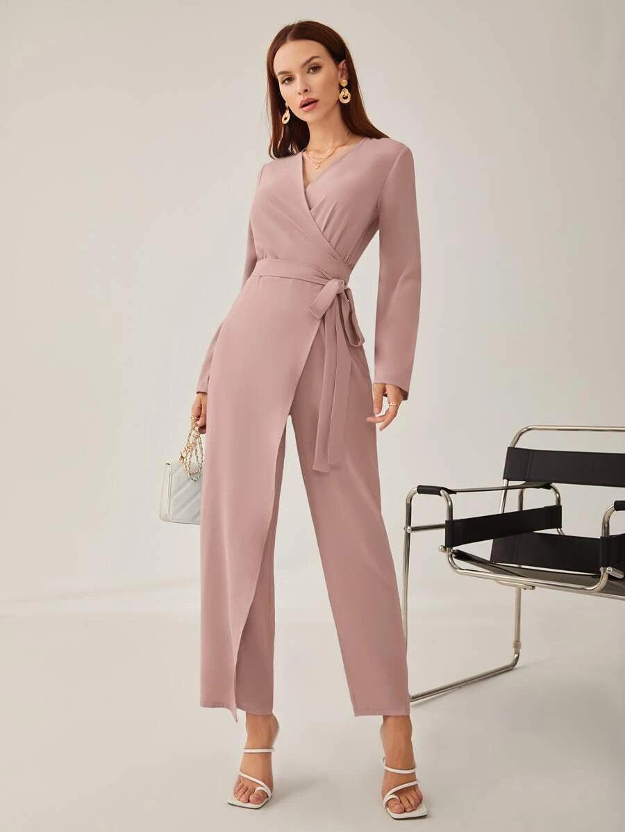Side Knot Belted Solid Jumpsuit-Comfy Jumpsuits