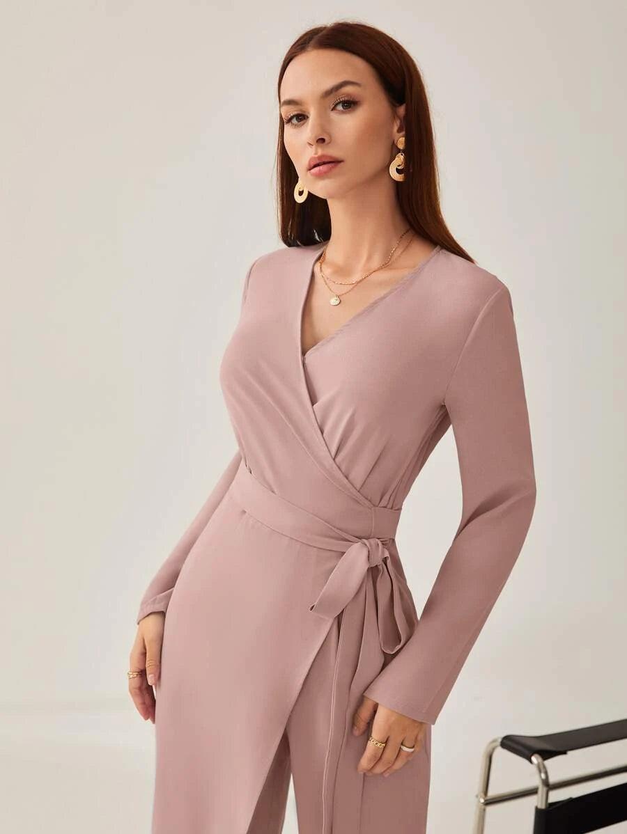 Side Knot Belted Solid Jumpsuit-Comfy Jumpsuits