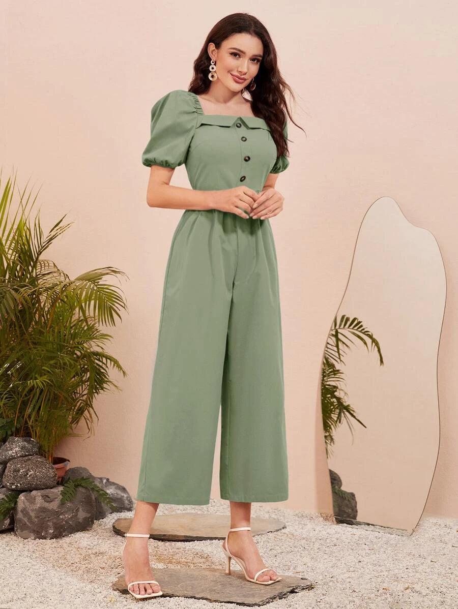 Short Sleeve Wide Leg Jumpsuit-Comfy Jumpsuits