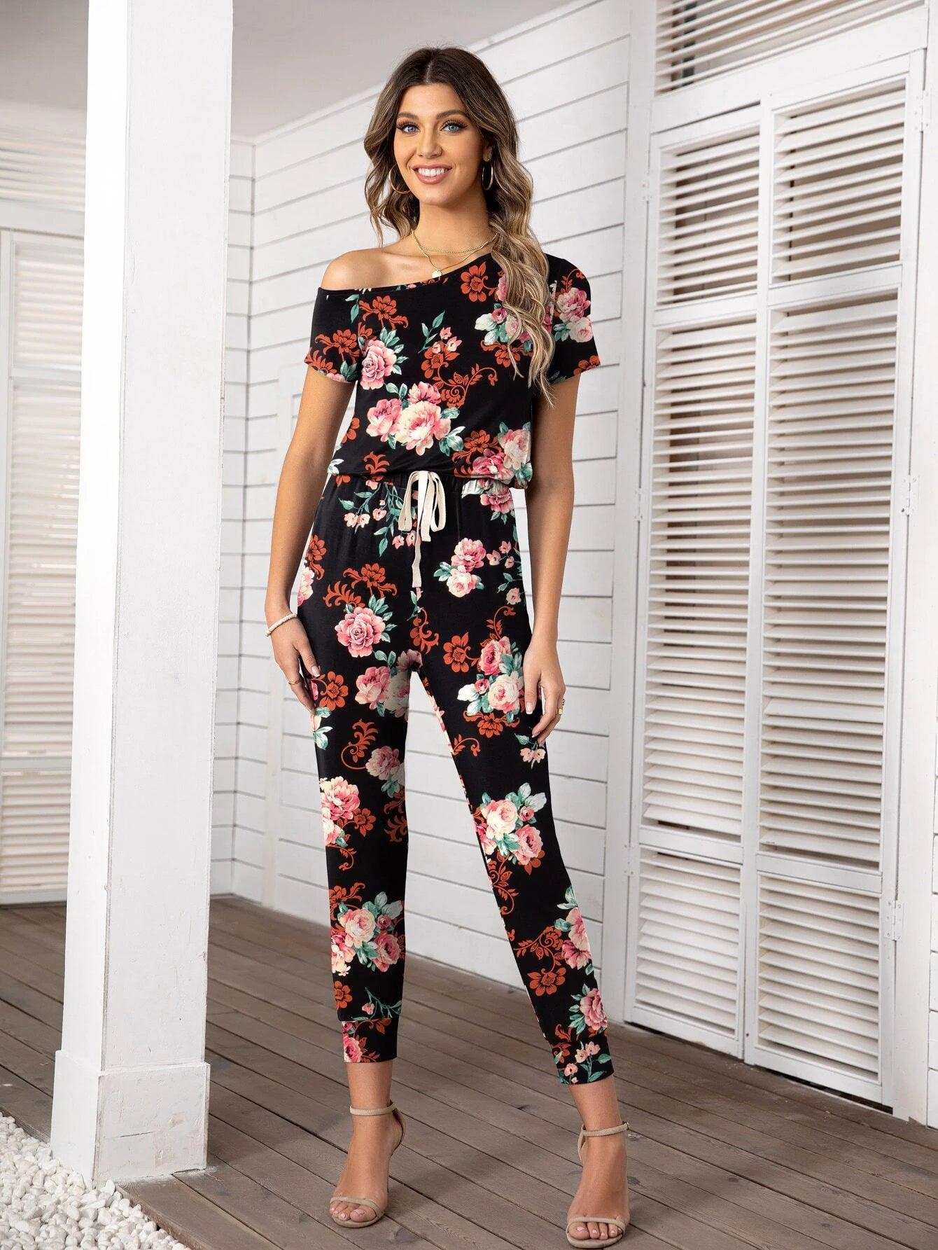 Floral Print Asymmetrical Neck Drawstring Jumpsuit-Comfy Jumpsuits
