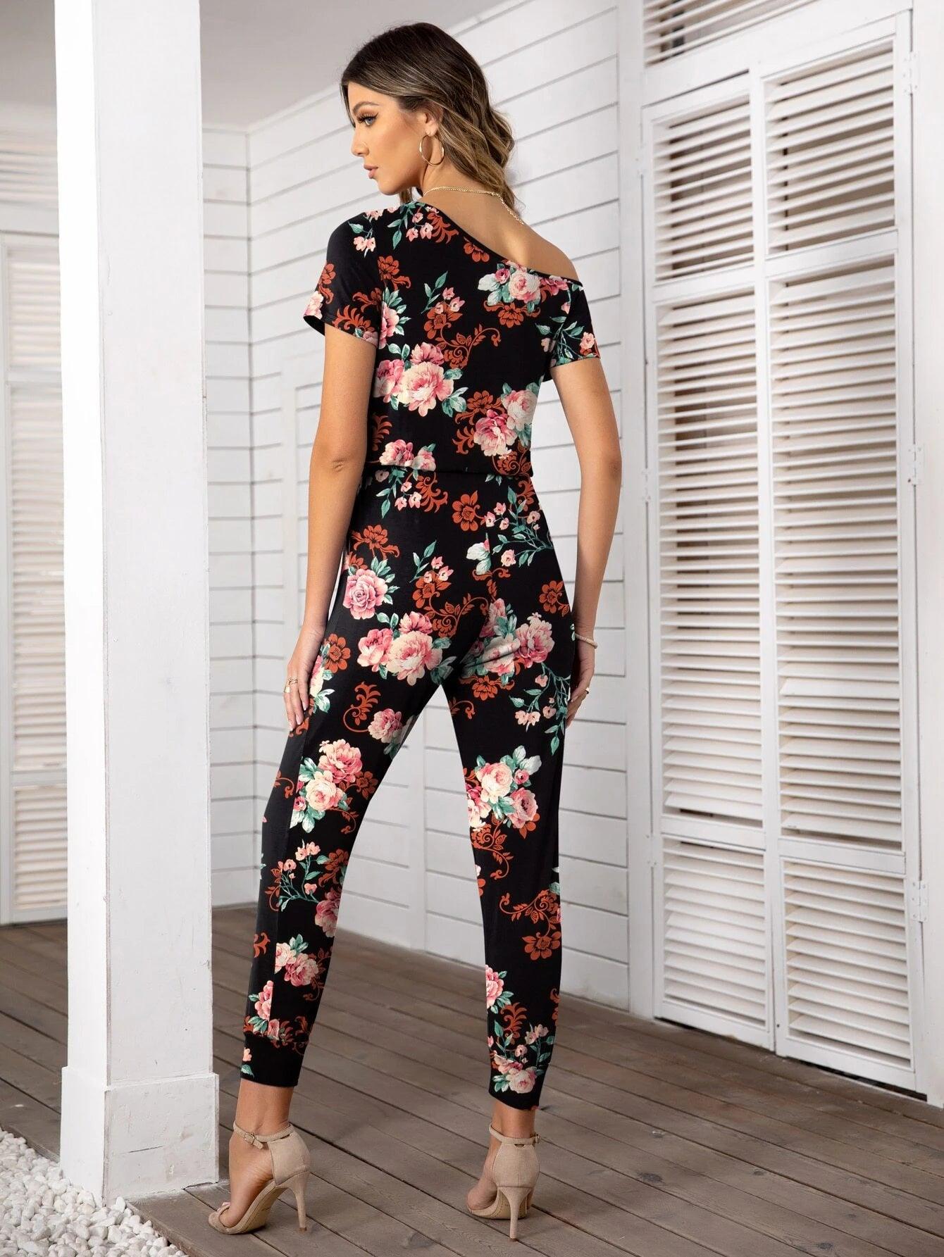 Floral Print Asymmetrical Neck Drawstring Jumpsuit-Comfy Jumpsuits
