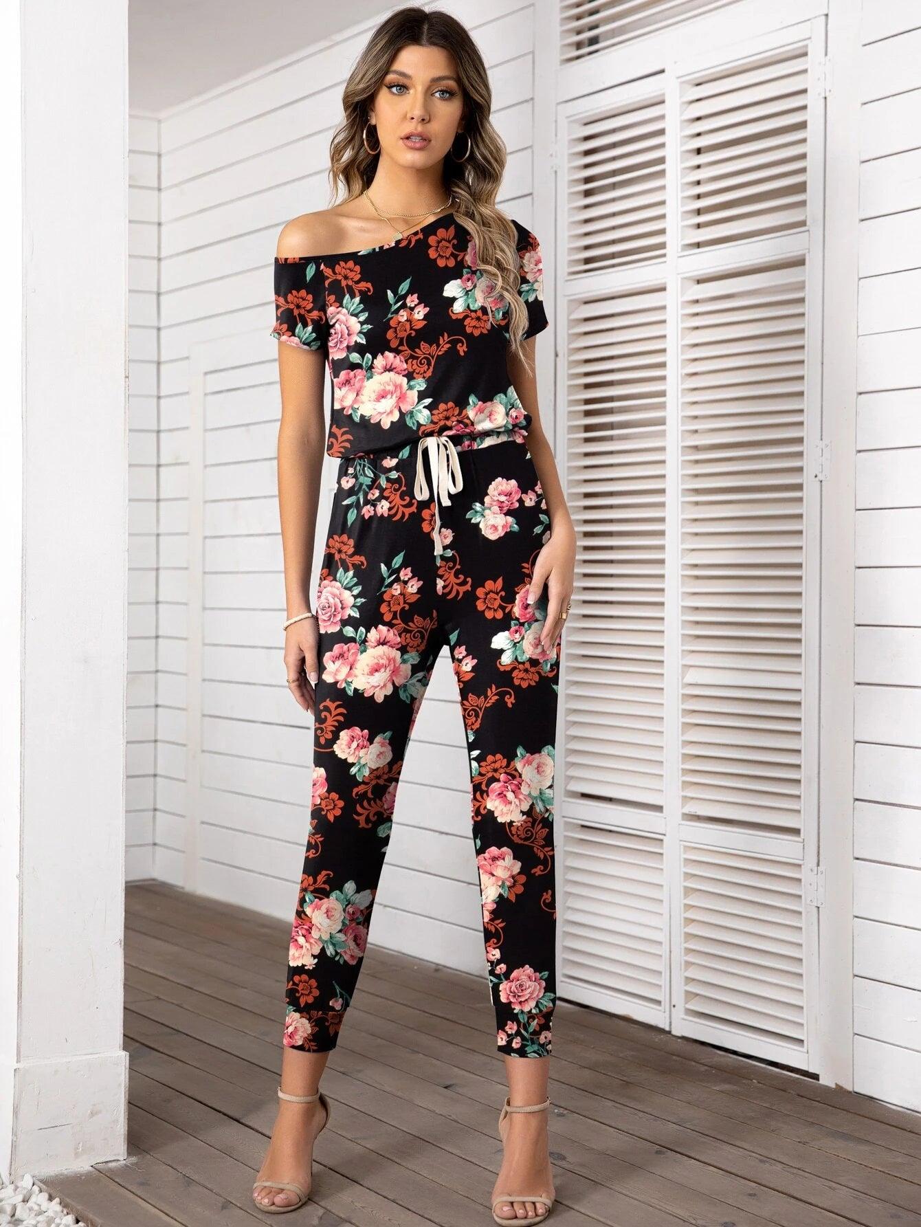 Floral Print Asymmetrical Neck Drawstring Jumpsuit-Comfy Jumpsuits