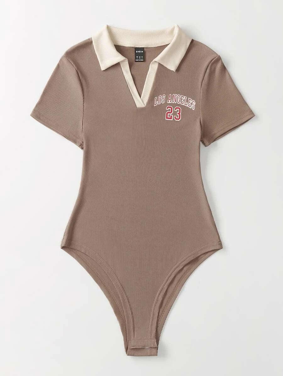 Letter Graphic Contrast Collar Rib Knit Bodysuit-Comfy Jumpsuits