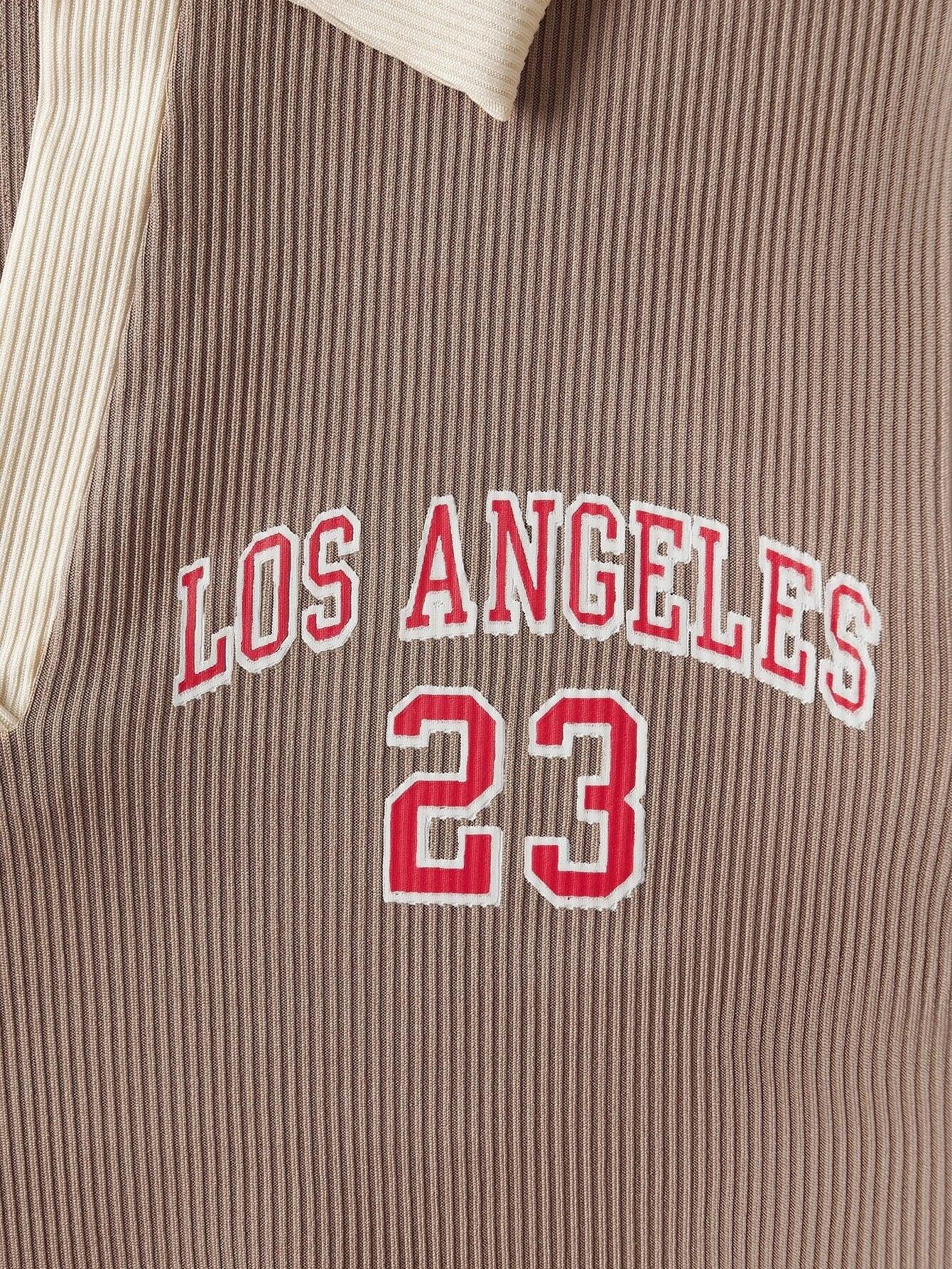 Letter Graphic Contrast Collar Rib Knit Bodysuit-Comfy Jumpsuits