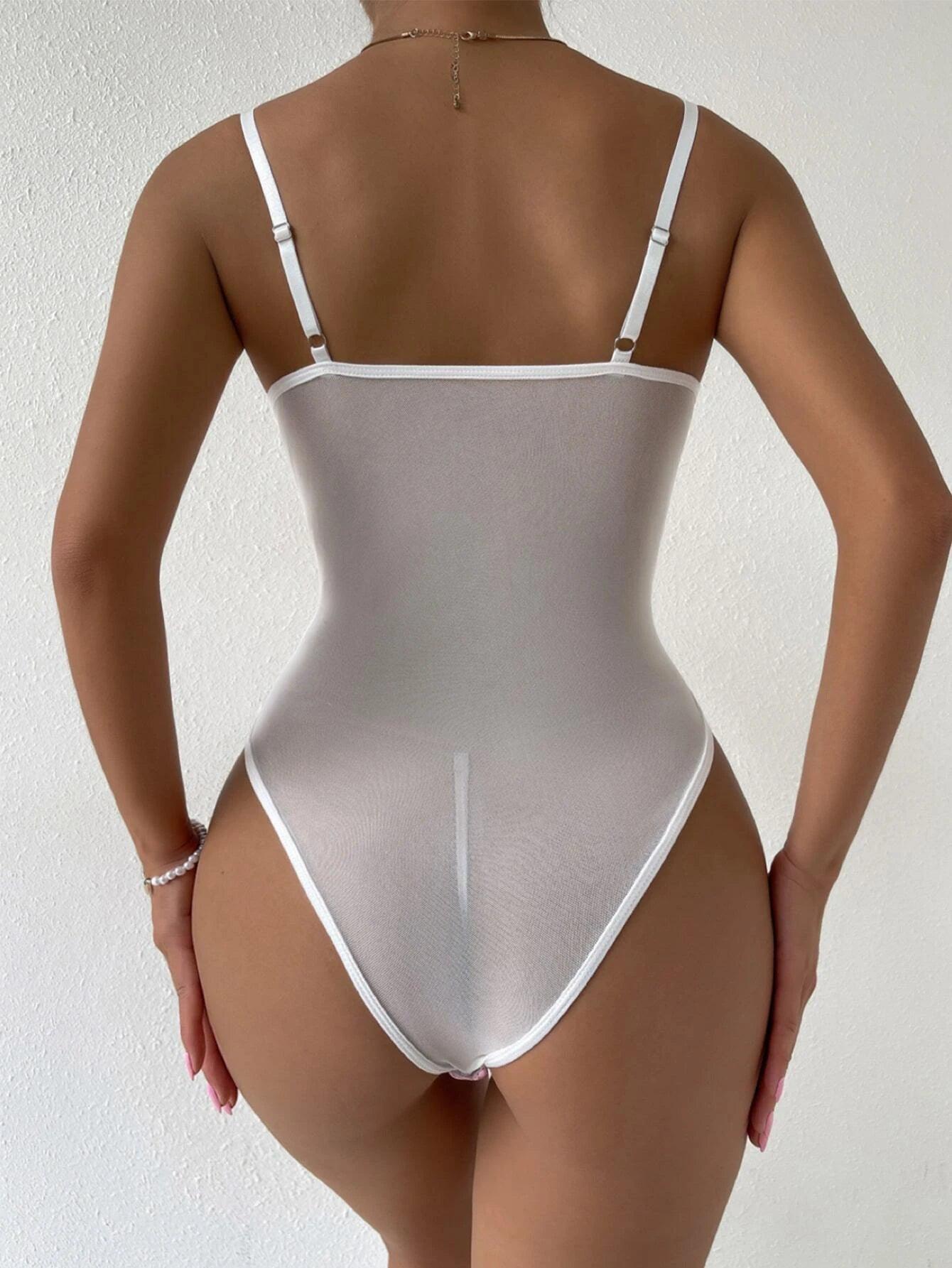 Lace Up Mesh Cami Bodysuit-Comfy Jumpsuits