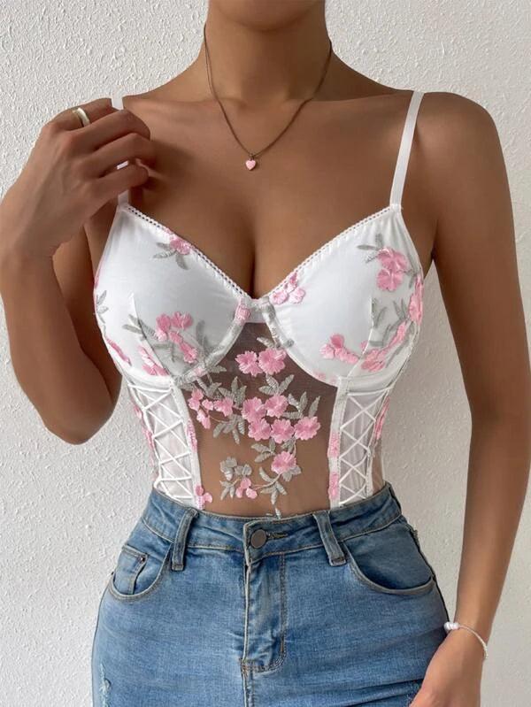 Lace Up Mesh Floral Embroidery Cami Bodysuit Without Thong-Comfy Jumpsuits