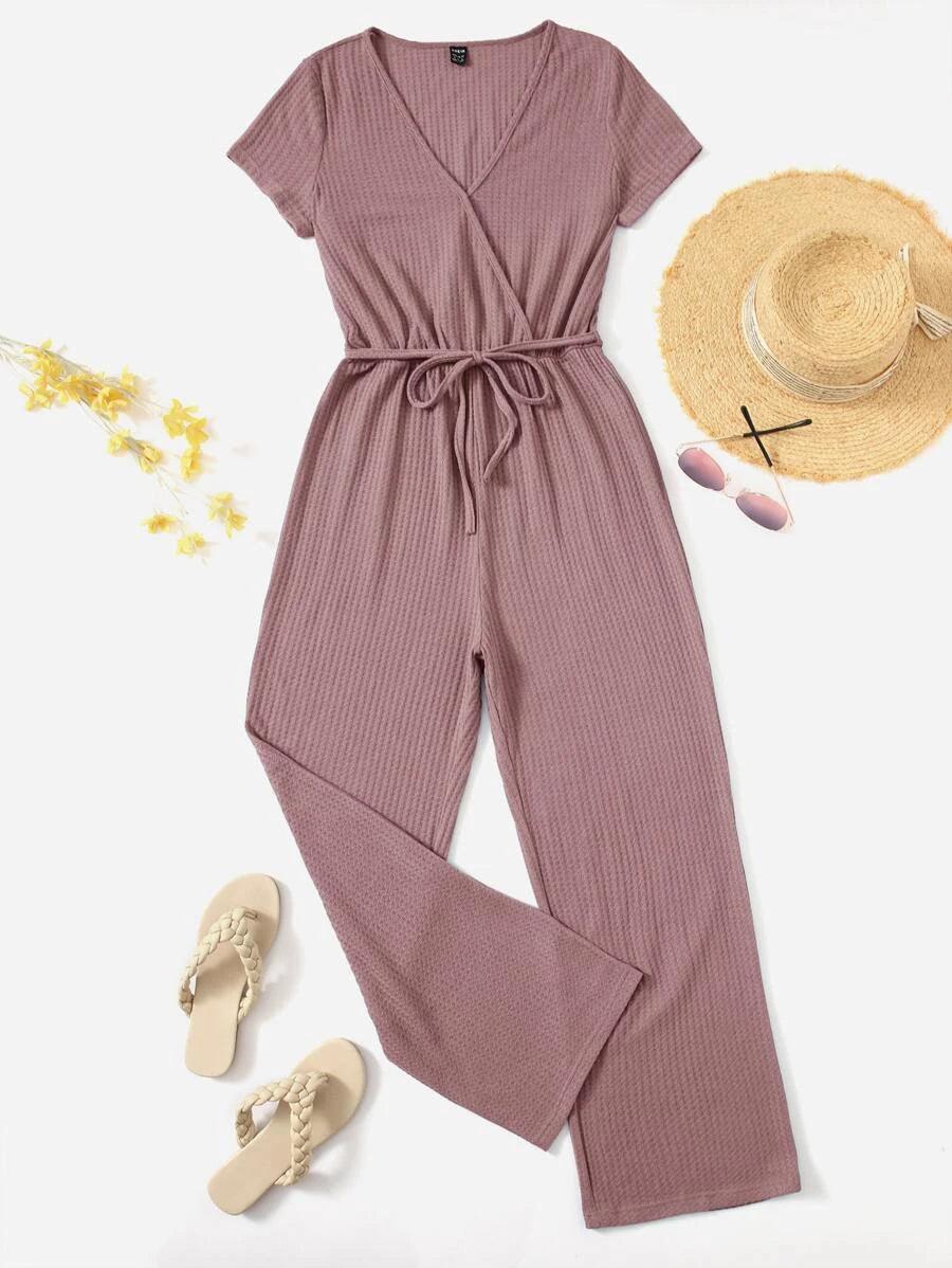 Surplice Neck Wide Leg Jumpsuit-Comfy Jumpsuits