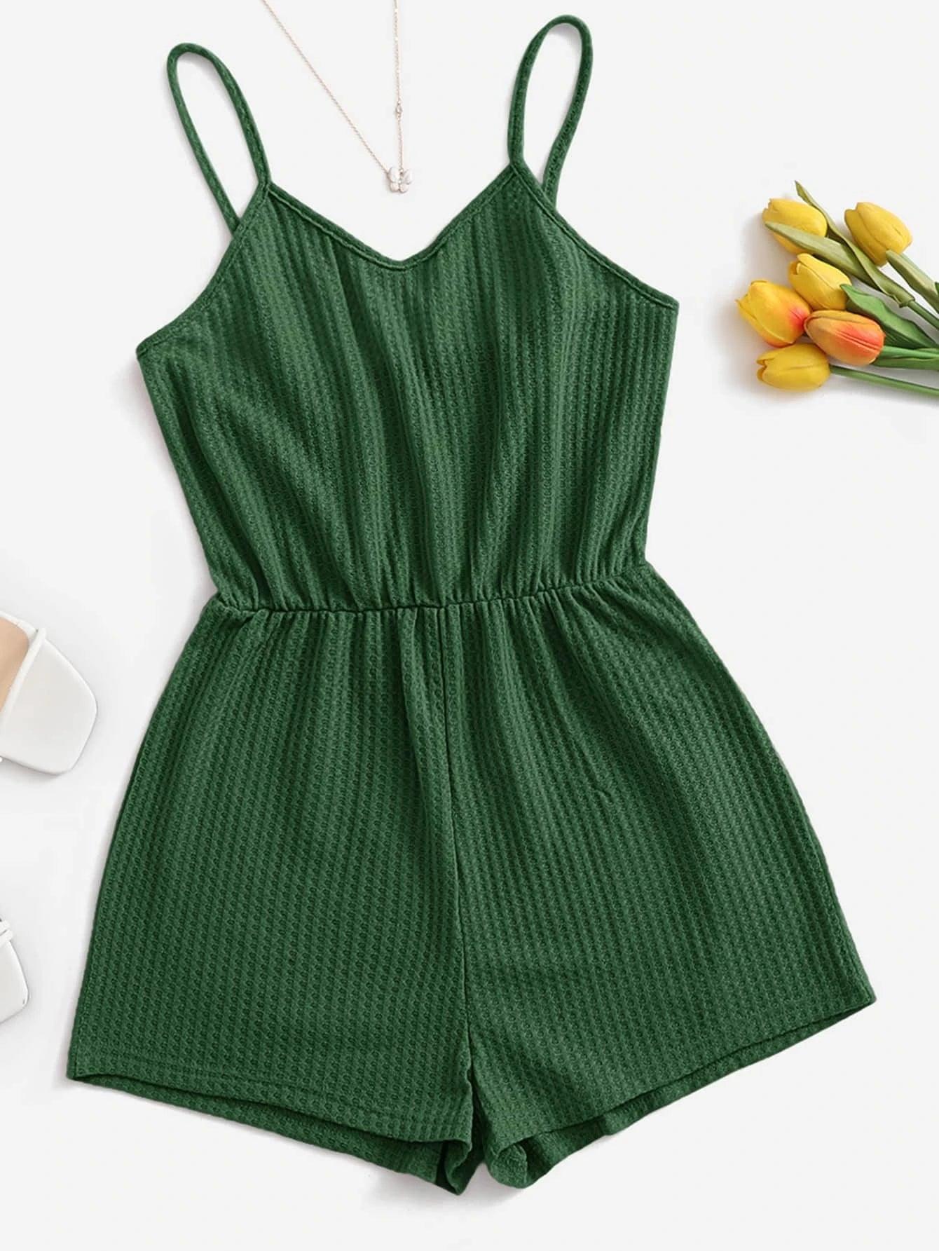 Casual Waffle Knit Cami Romper-Comfy Jumpsuits