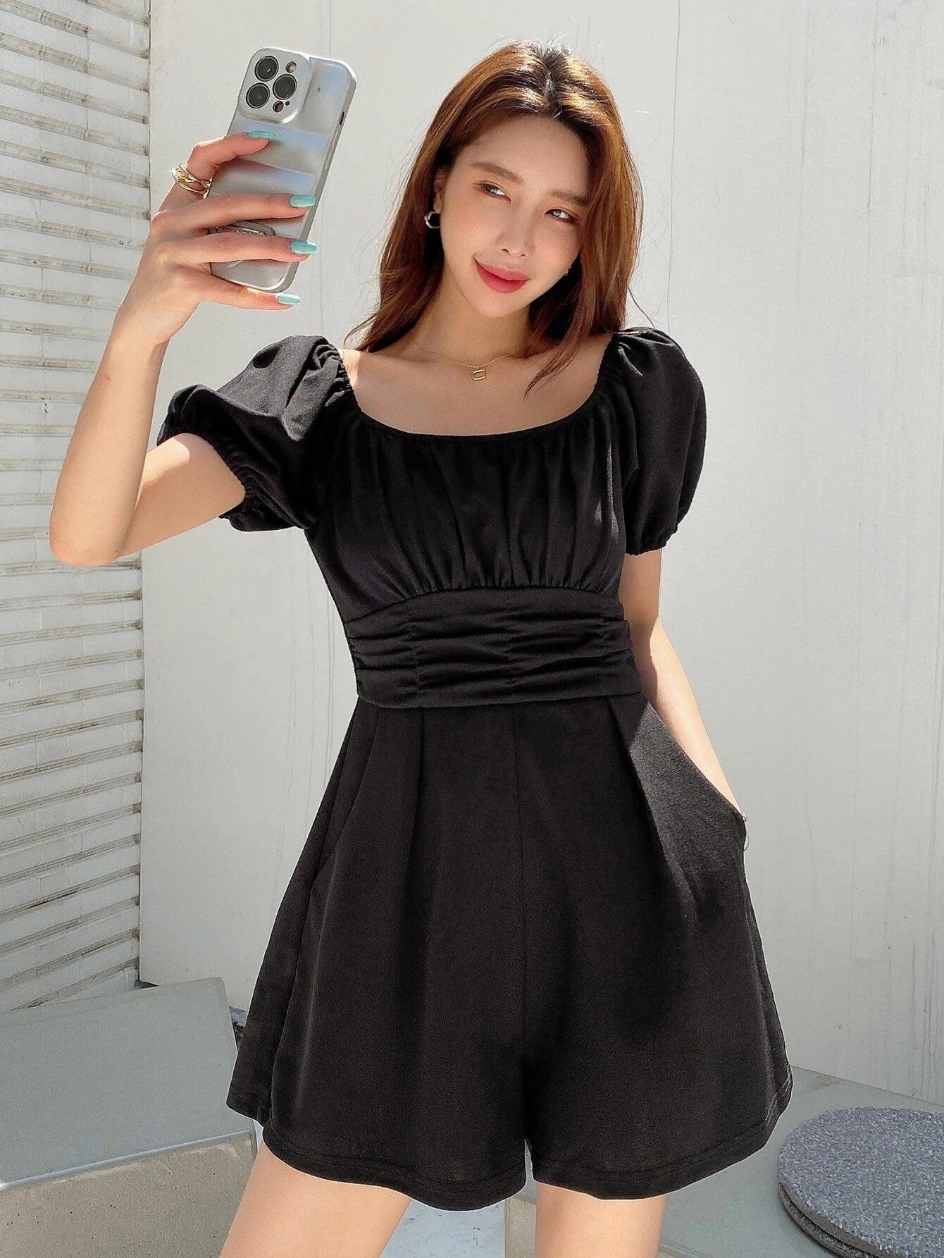 Plain Puff Sleeve Romper-Comfy Jumpsuits