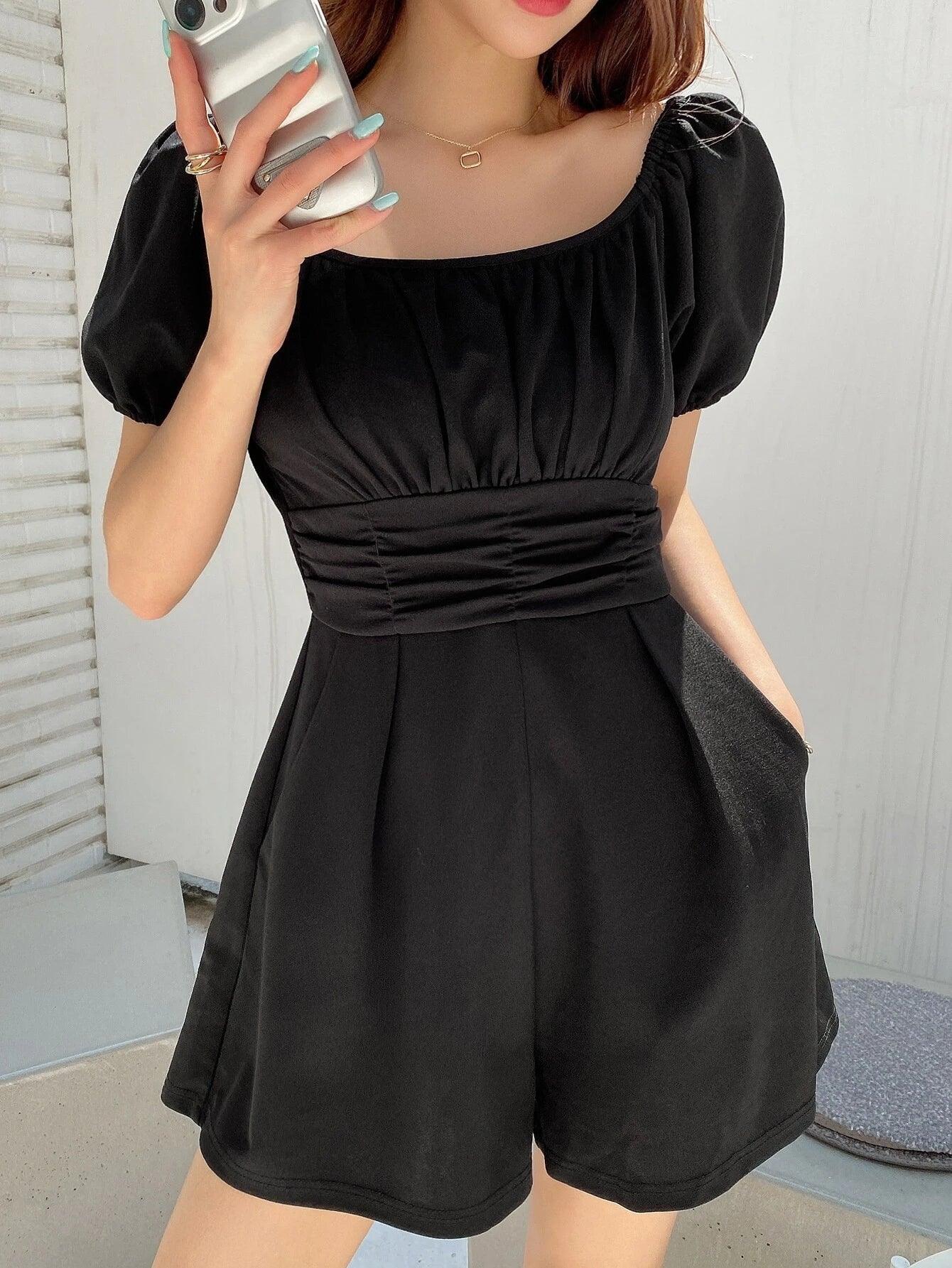 Plain Puff Sleeve Romper-Comfy Jumpsuits