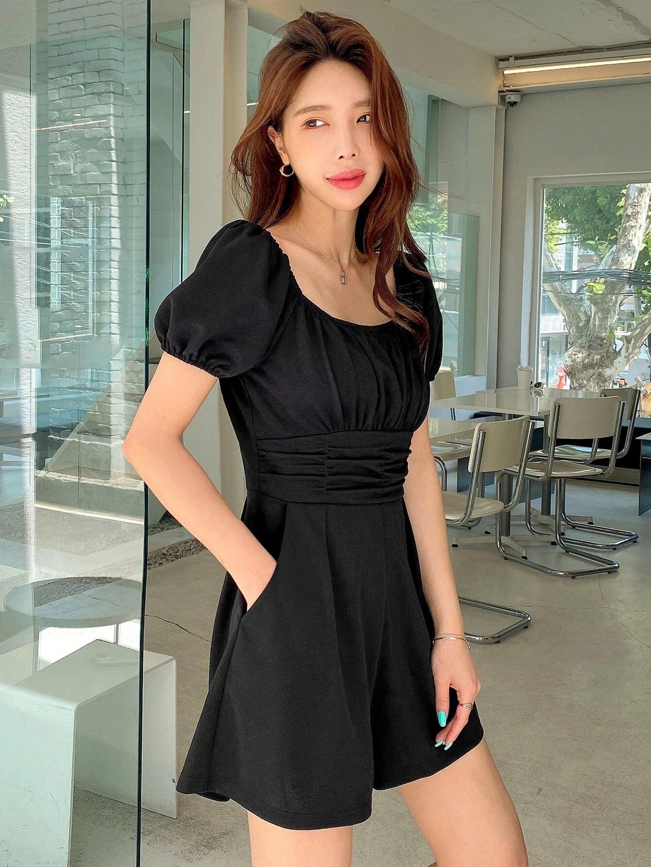 Plain Puff Sleeve Romper-Comfy Jumpsuits