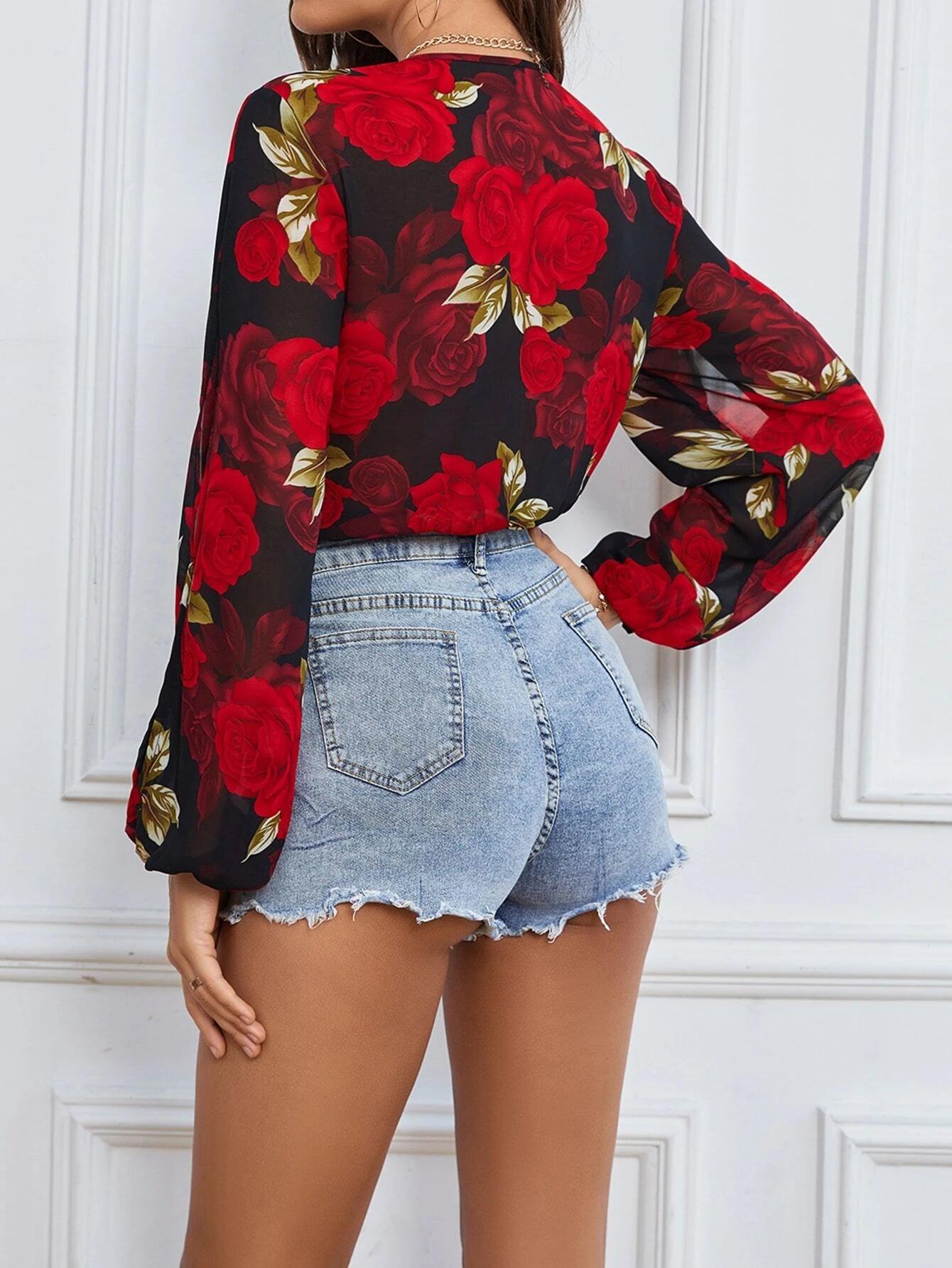 Floral Print Split Sleeve Bodysuit-Comfy Jumpsuits
