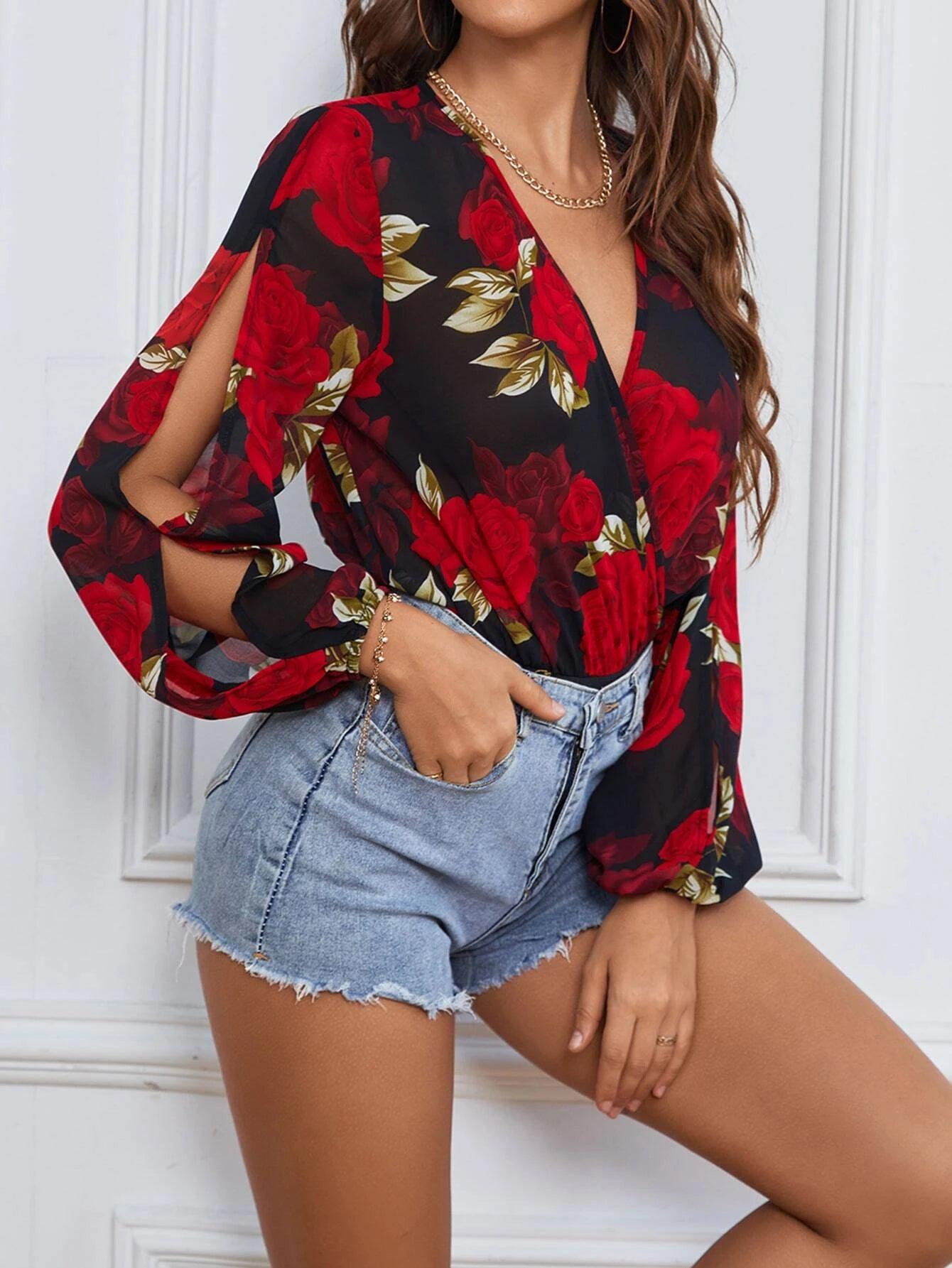 Floral Print Split Sleeve Bodysuit-Comfy Jumpsuits