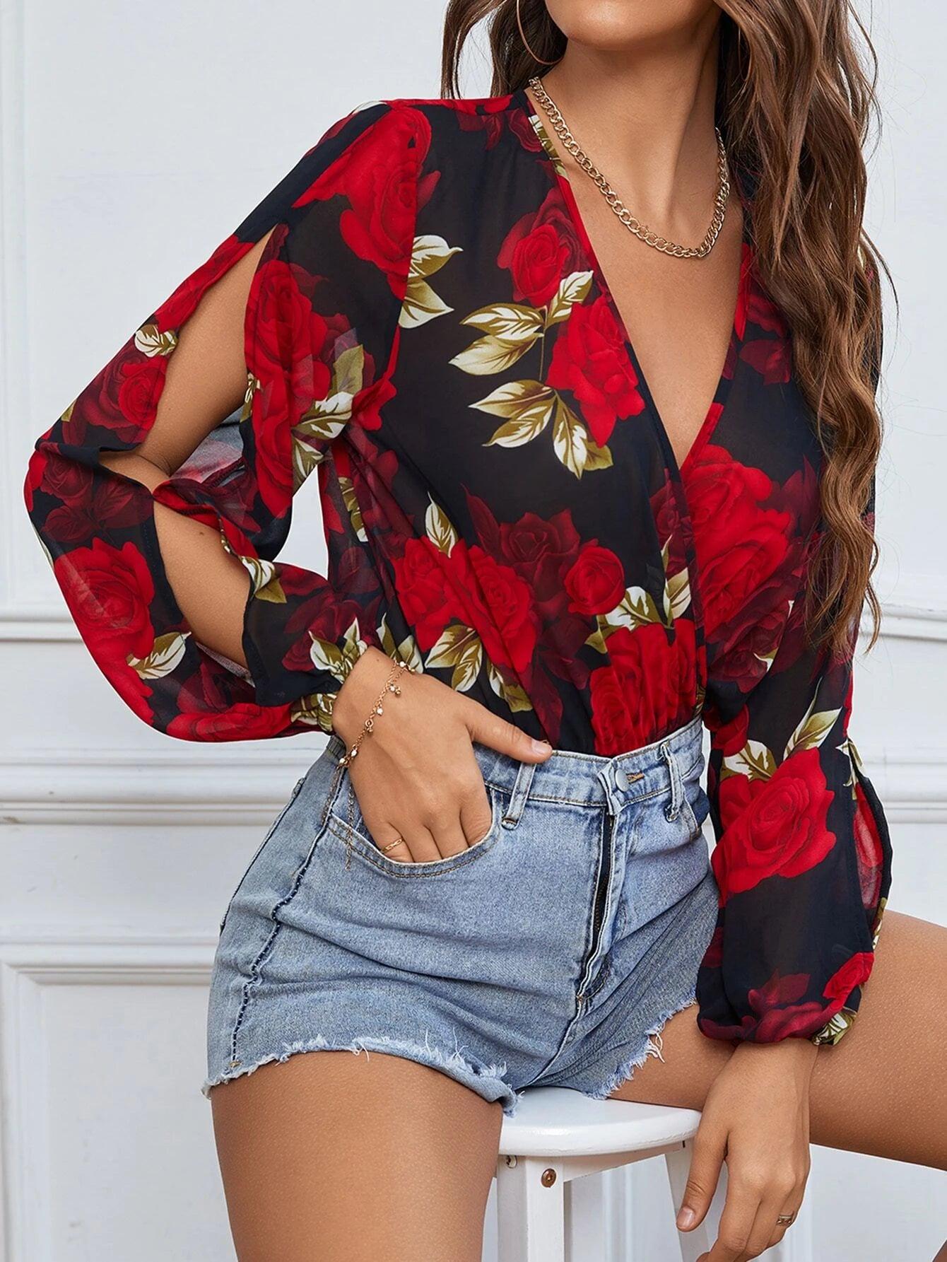 Floral Print Split Sleeve Bodysuit-Comfy Jumpsuits