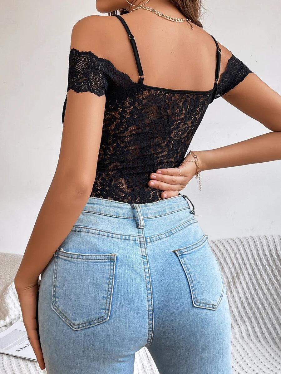 Cold Shoulder Lace Bodysuit-Comfy Jumpsuits