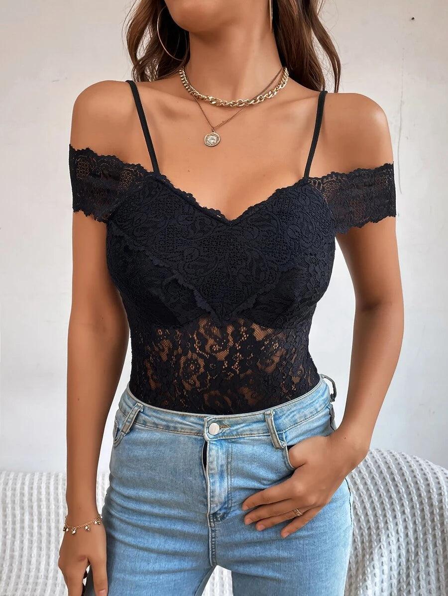 Cold Shoulder Lace Bodysuit-Comfy Jumpsuits
