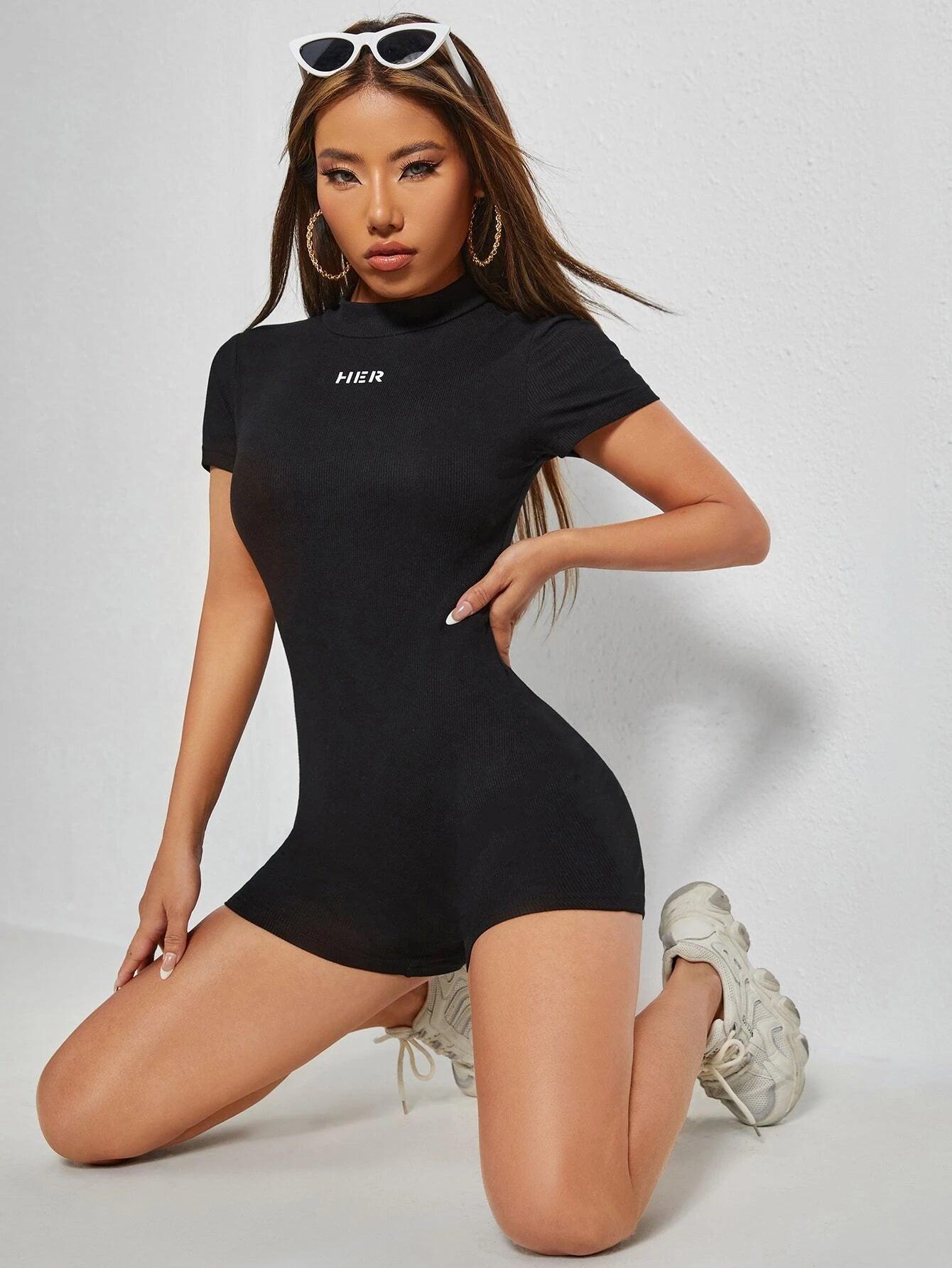 Letter Graphic Mock Neck Unitard Romper-Comfy Jumpsuits