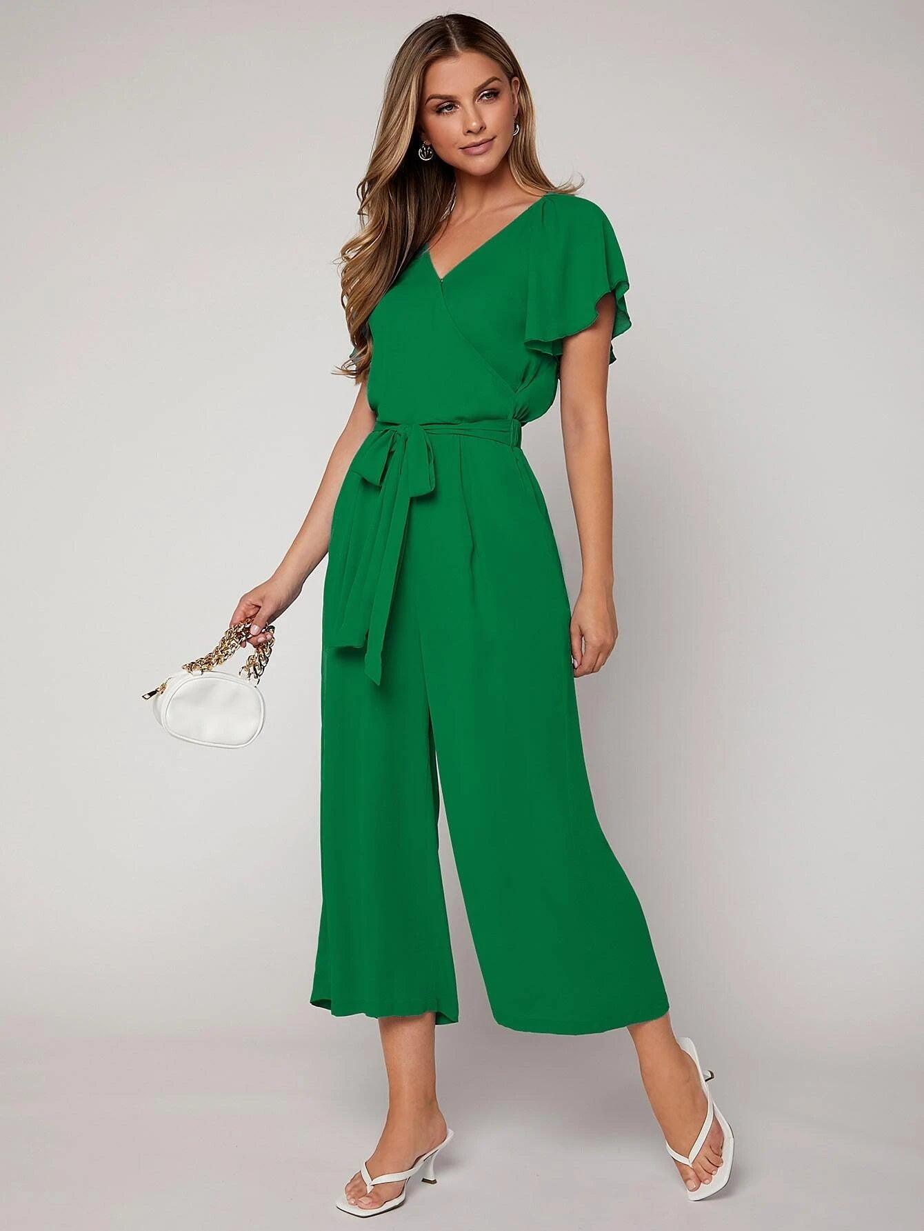 Butterfly Sleeve Belted Jumpsuit-Comfy Jumpsuits